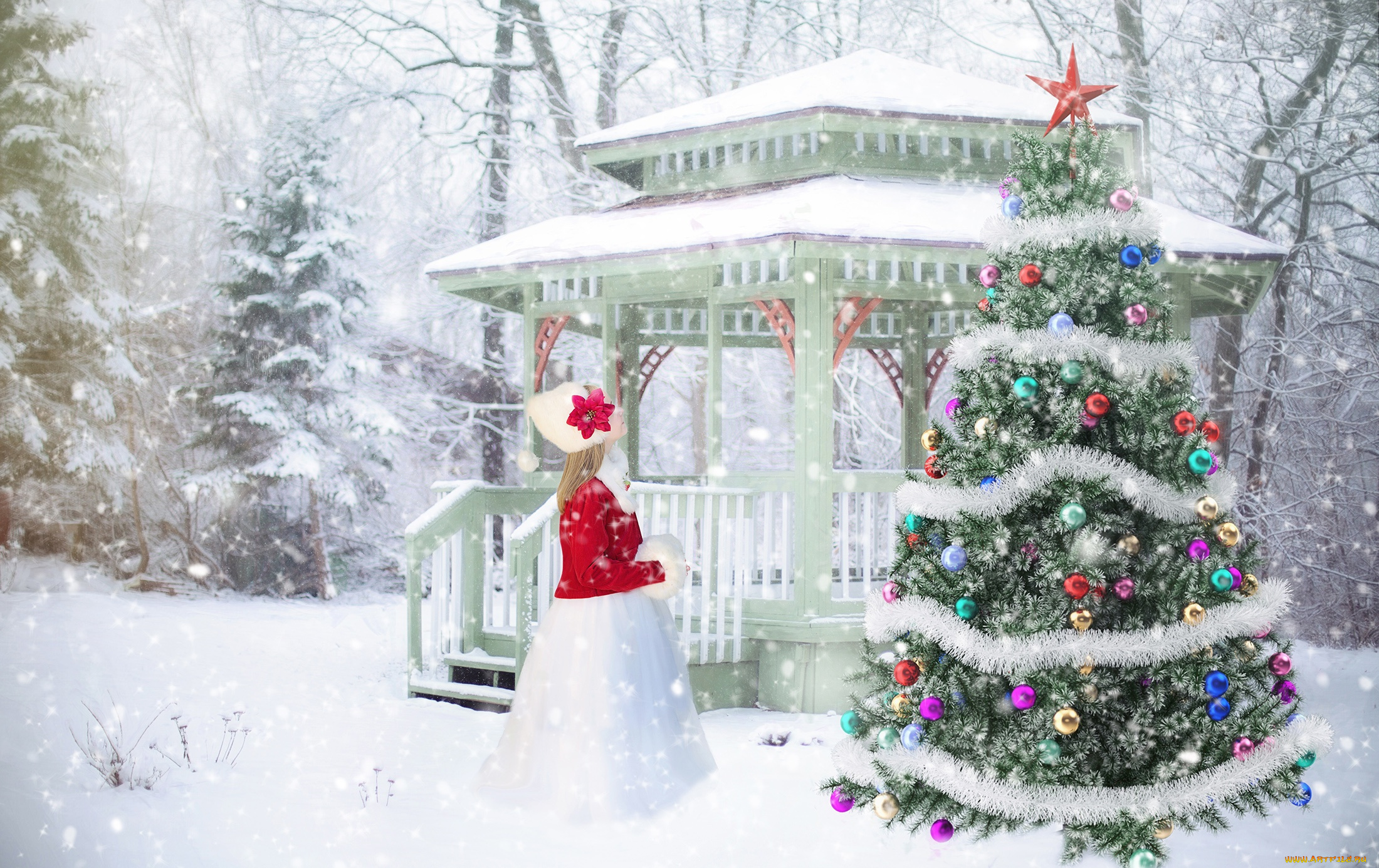 праздничные, Ёлки, снег, зима, елка, украшения, новый, год, девочка, new, year, christmas