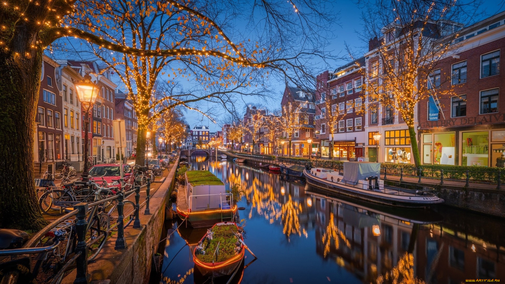 города, амстердам, , нидерланды, канал, набережная, лодки, иллюминация