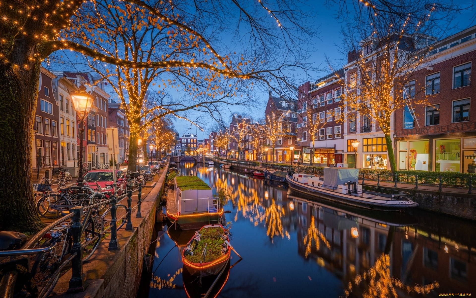 города, амстердам, , нидерланды, канал, набережная, лодки, иллюминация