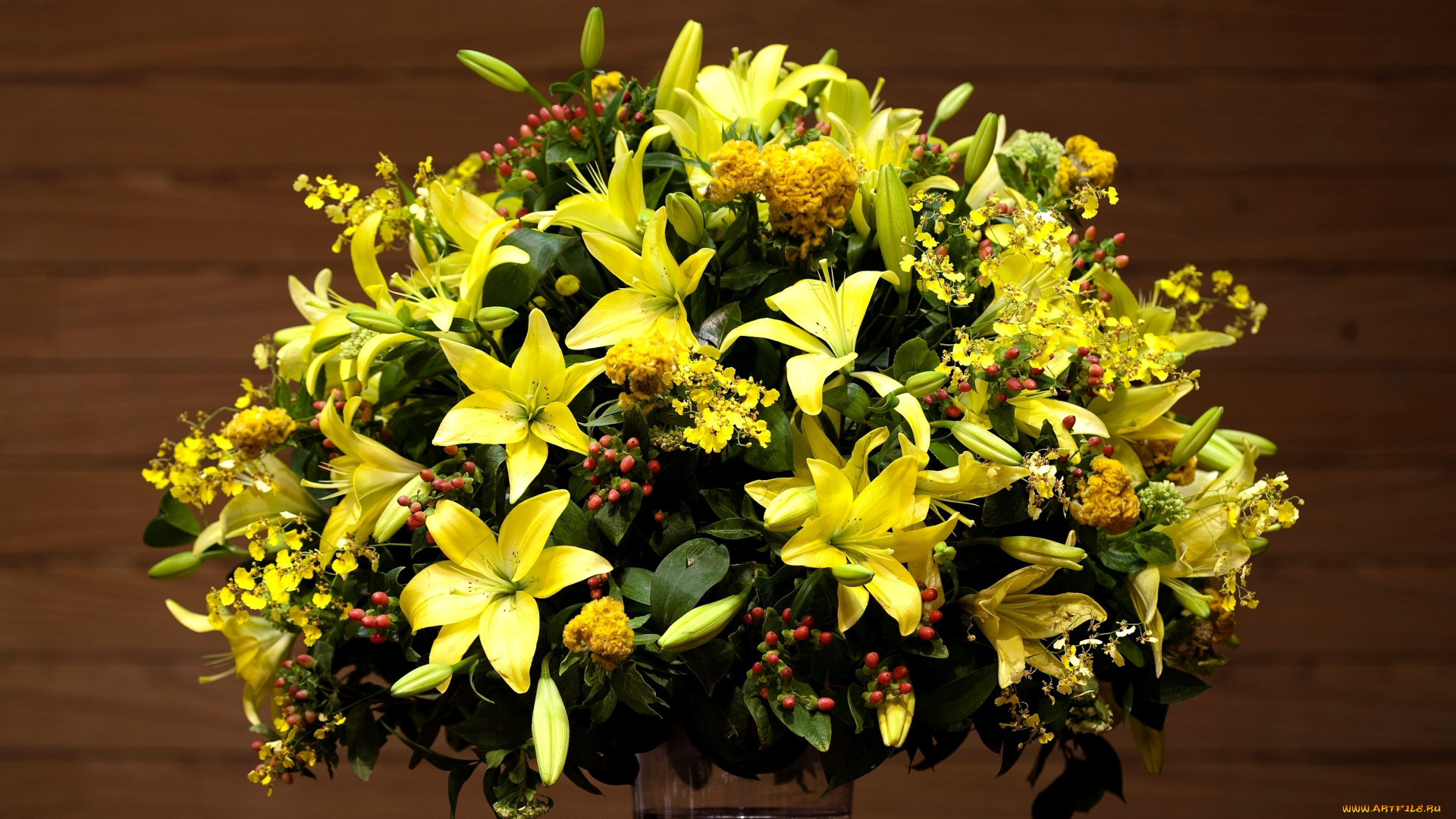 цветы, букеты, композиции, лилии, желтый, орхидеи