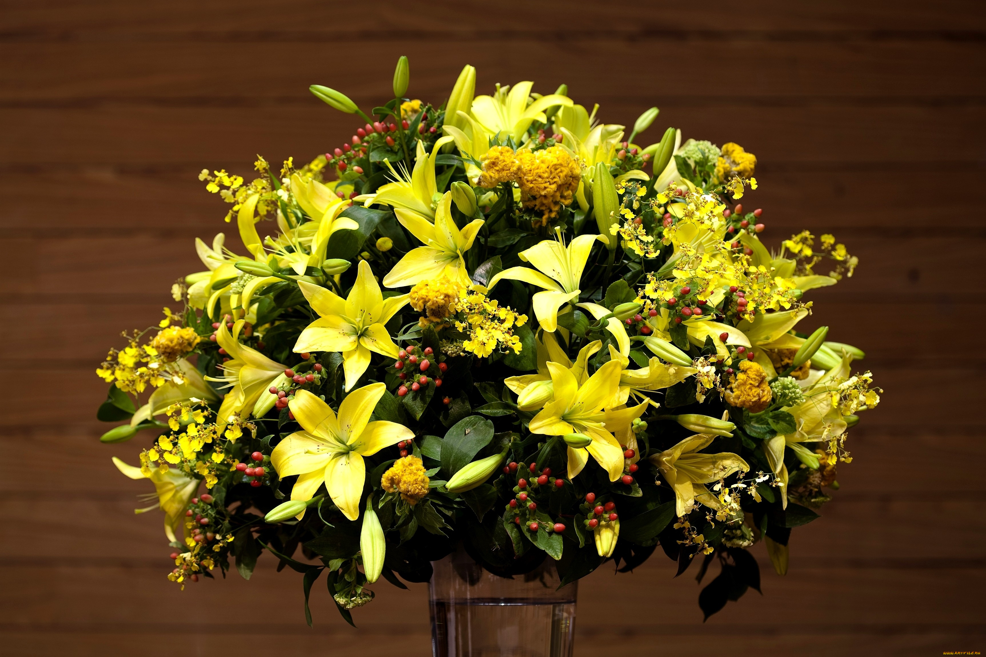 цветы, букеты, композиции, лилии, желтый, орхидеи