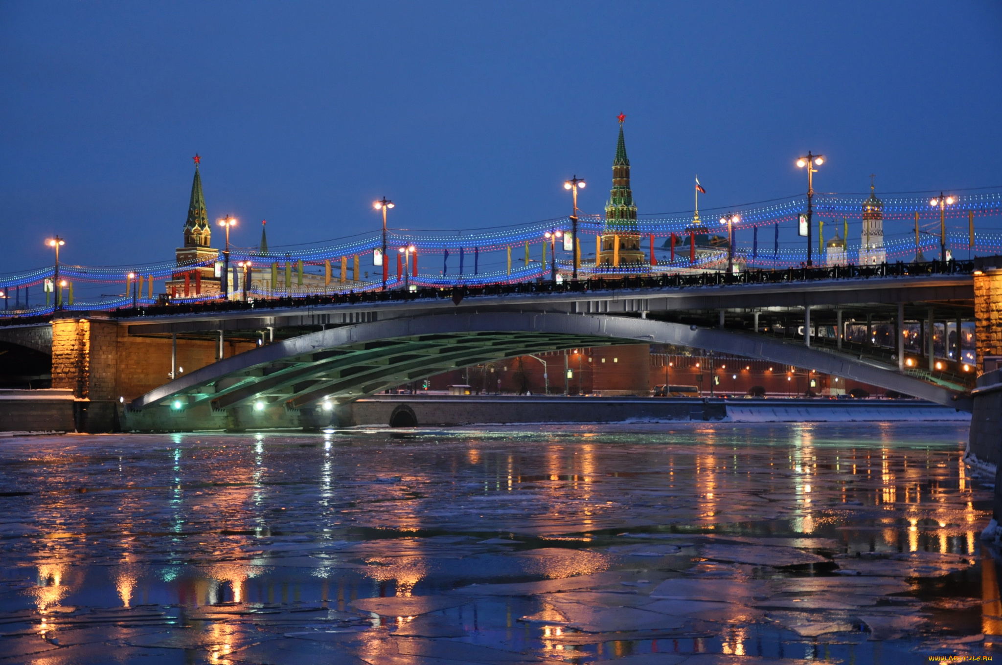 города, москва, россия, огни, ночь, река, мост