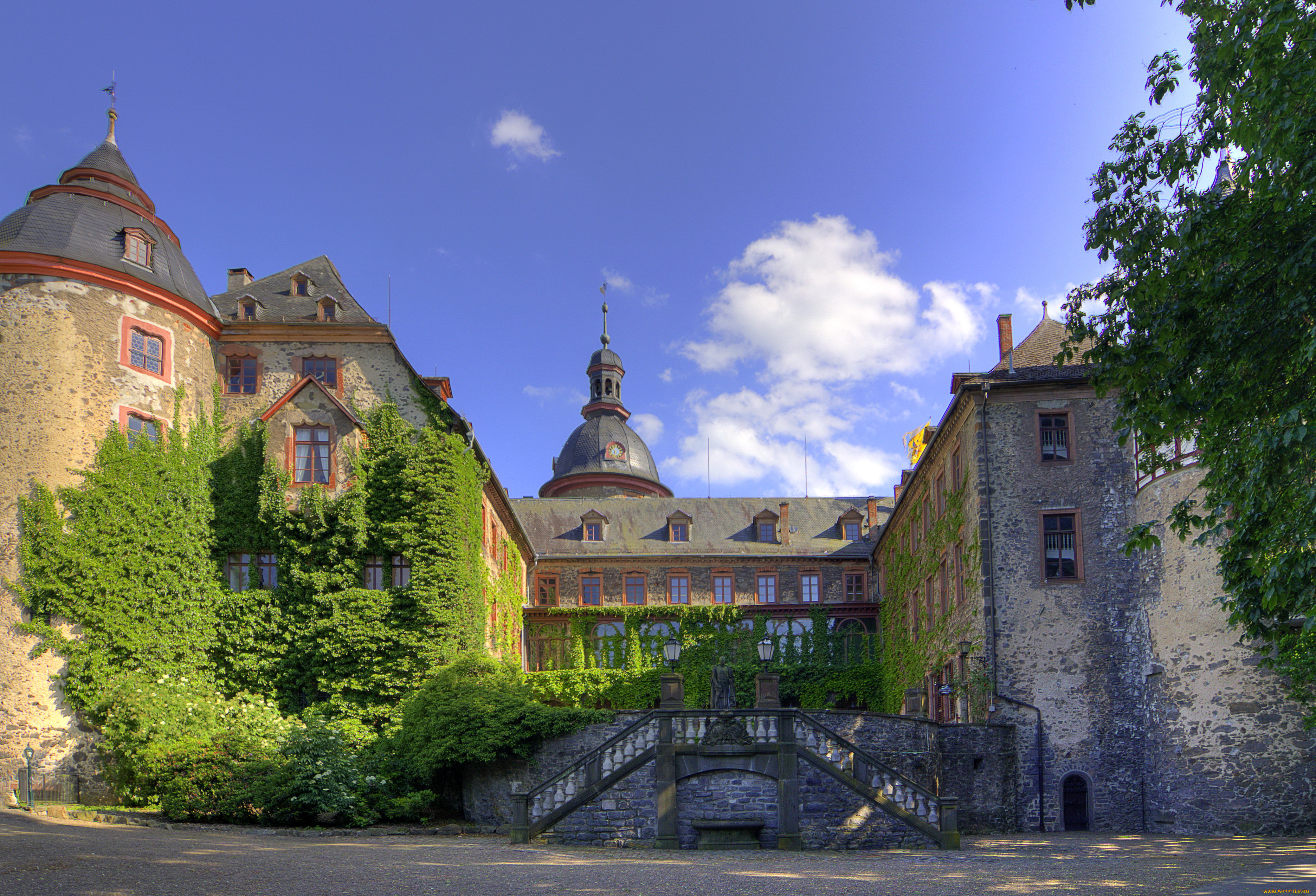 германия, гессен, лаубах, города, здания, дома, зелень