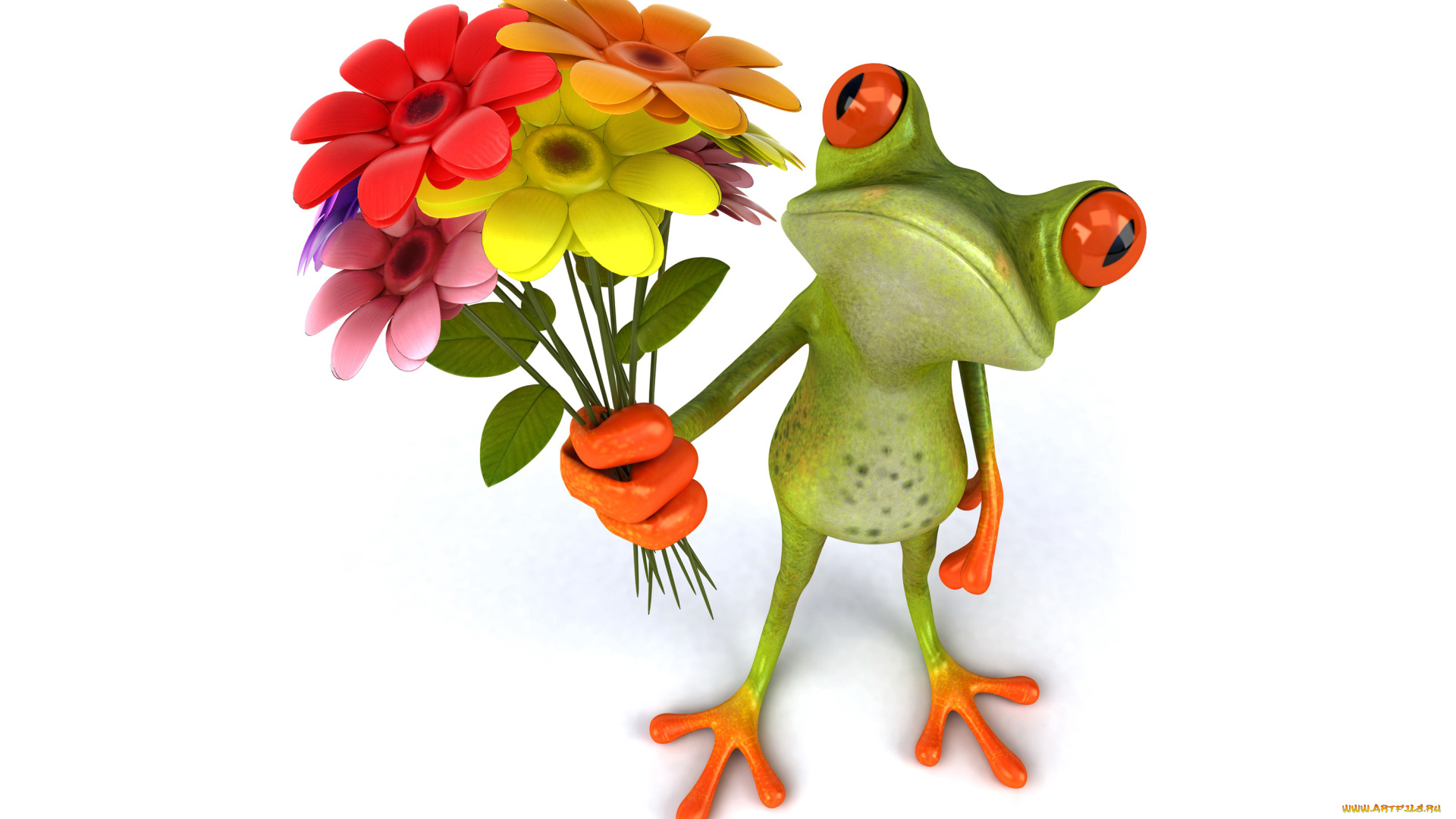 3д, графика, юмор, , humor, flowers, лягушка, funny, frog