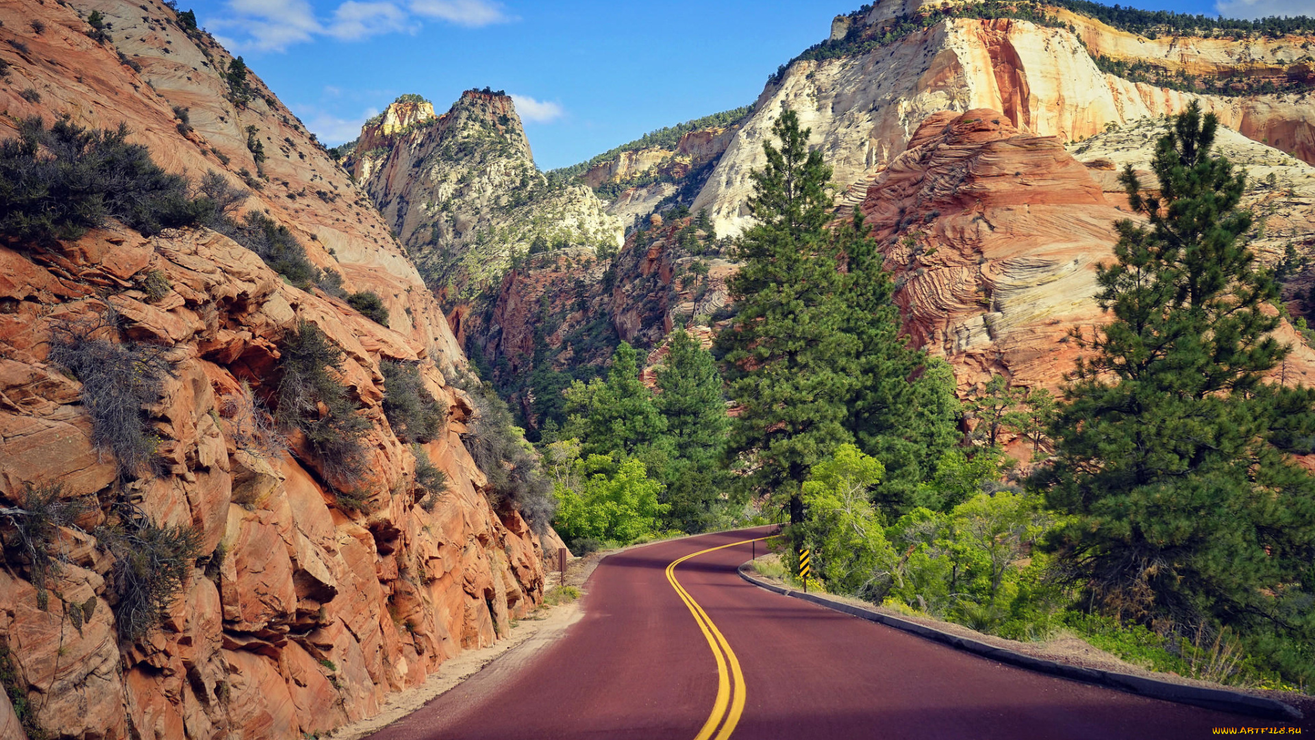 природа, дороги, пейзаж, деревья, дорога, горы, zion, national, park