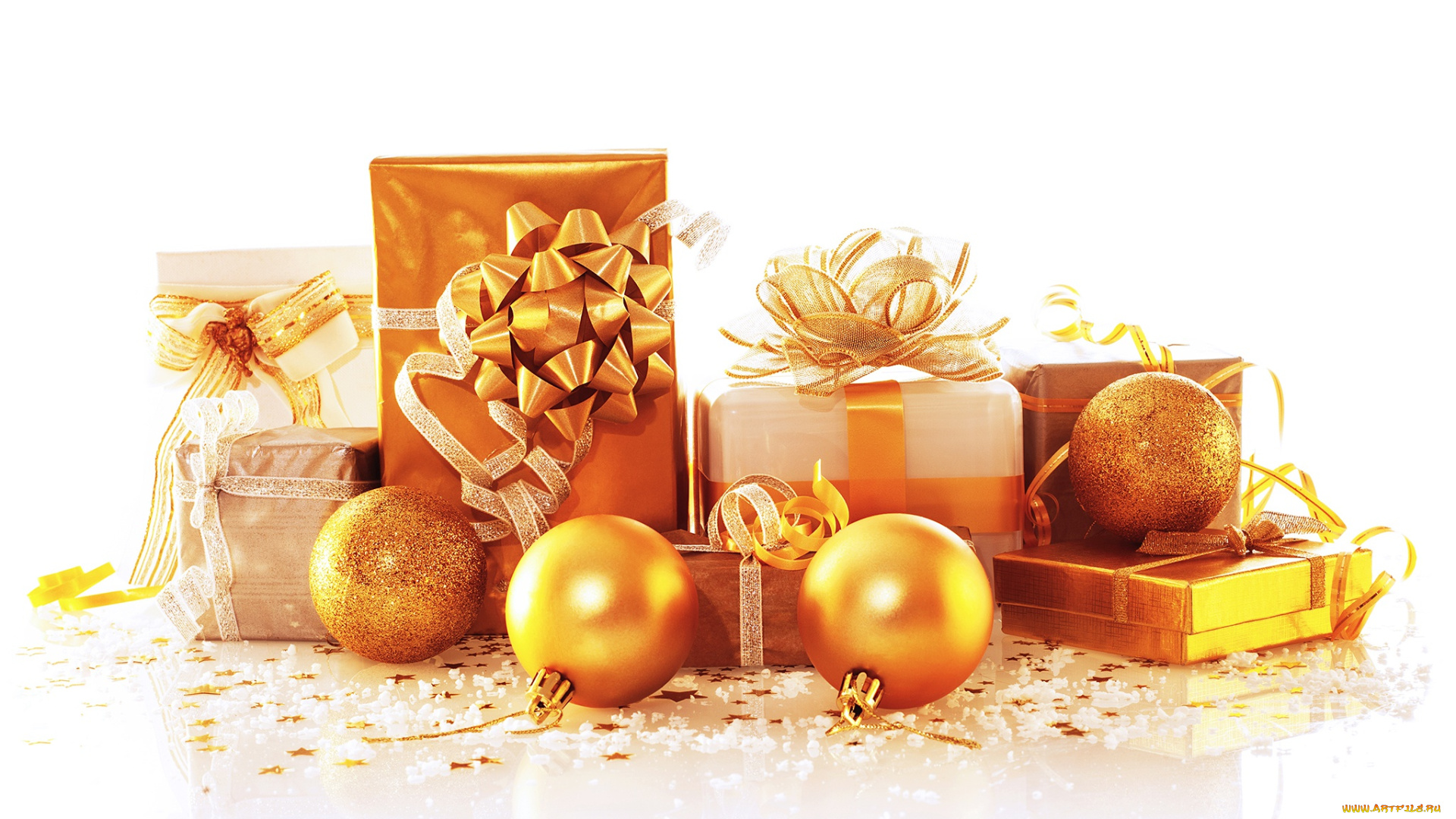праздничные, шары, подарки, новый, год, бант, рождество, золотой