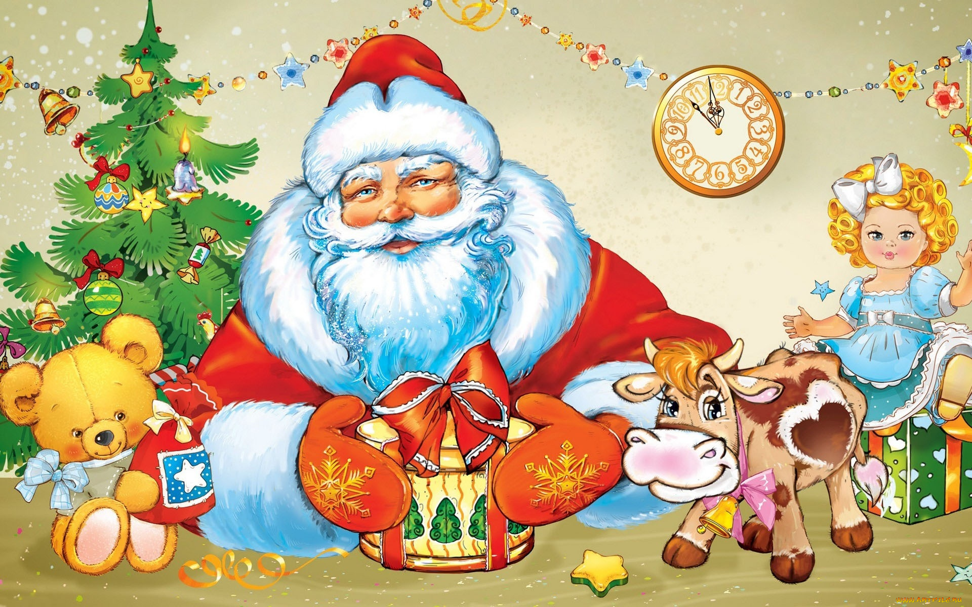 праздничные, рисованные, дед, мороз, гирлянда, праздник, корова, мишка, елка, украшения, кукла, часы