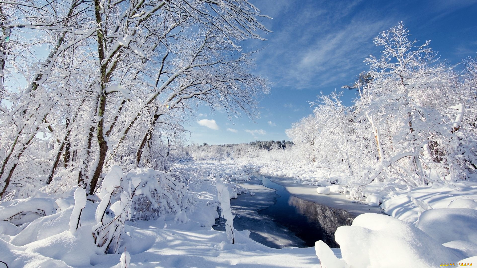 природа, зима, снег, река