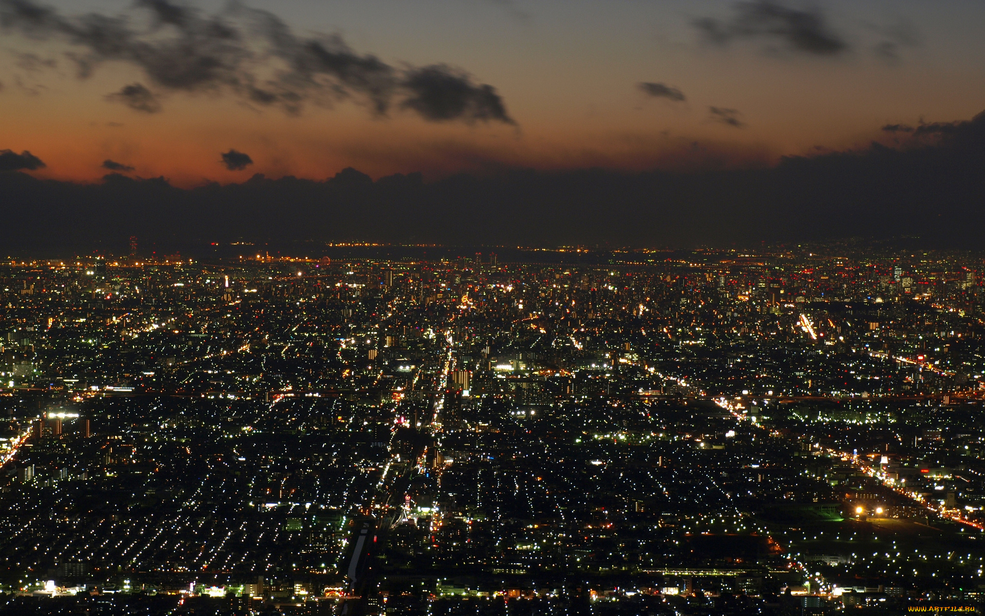 города, огни, ночного, облака, kyoto