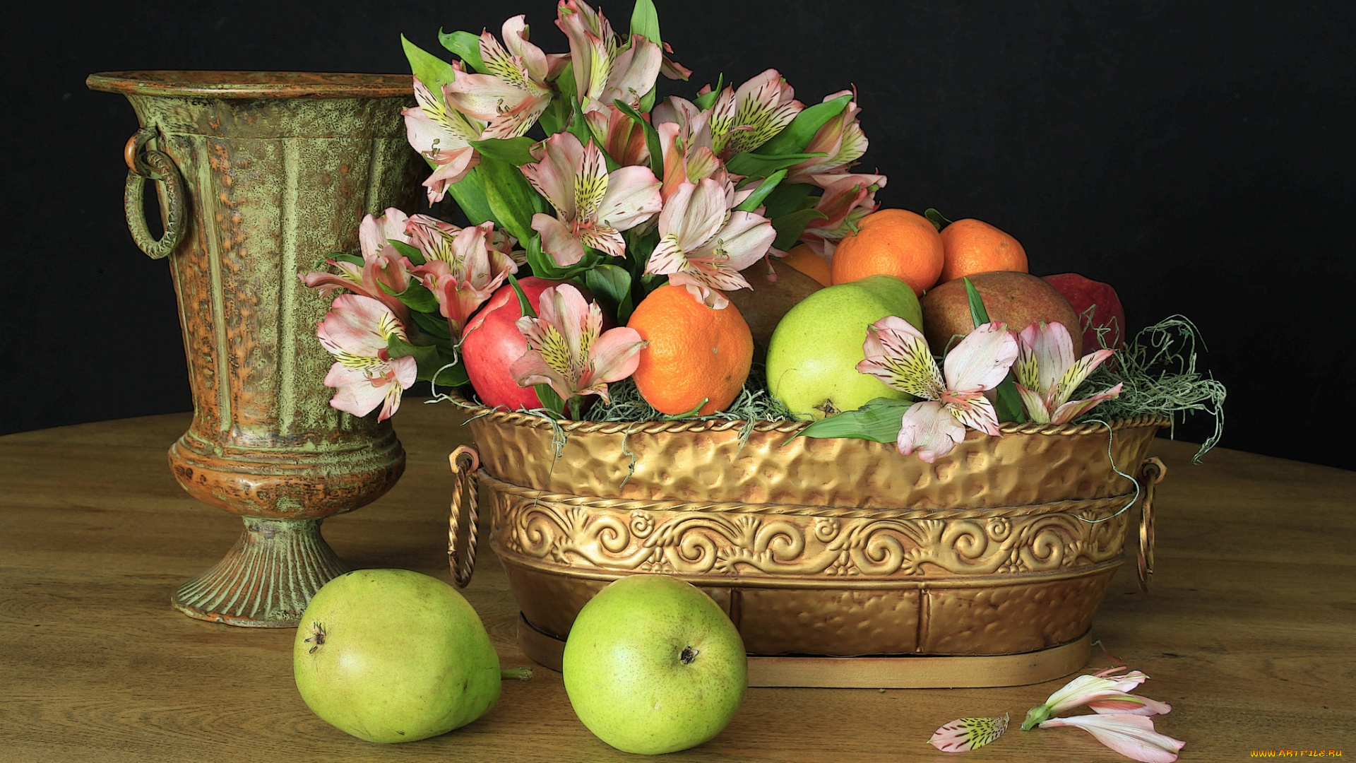 еда, натюрморт, мандарины, груши, яблоки, ваза, альстромерия