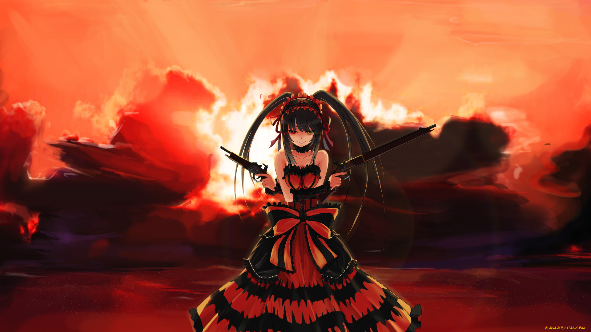 by, zxhautumn, аниме, date, a, live, закат, tokisaki, kurumi, девушка, платье, оружие