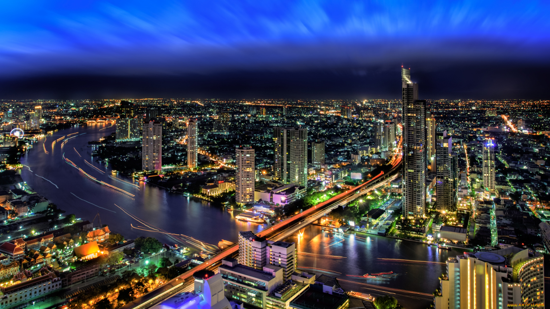 города, бангкок, , таиланд, ночь, панорама, огни
