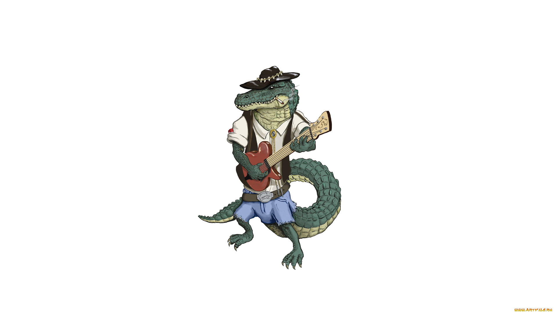 крокодил, с, гитарой, рисованные, минимализм, крокодил, китара, шляпа