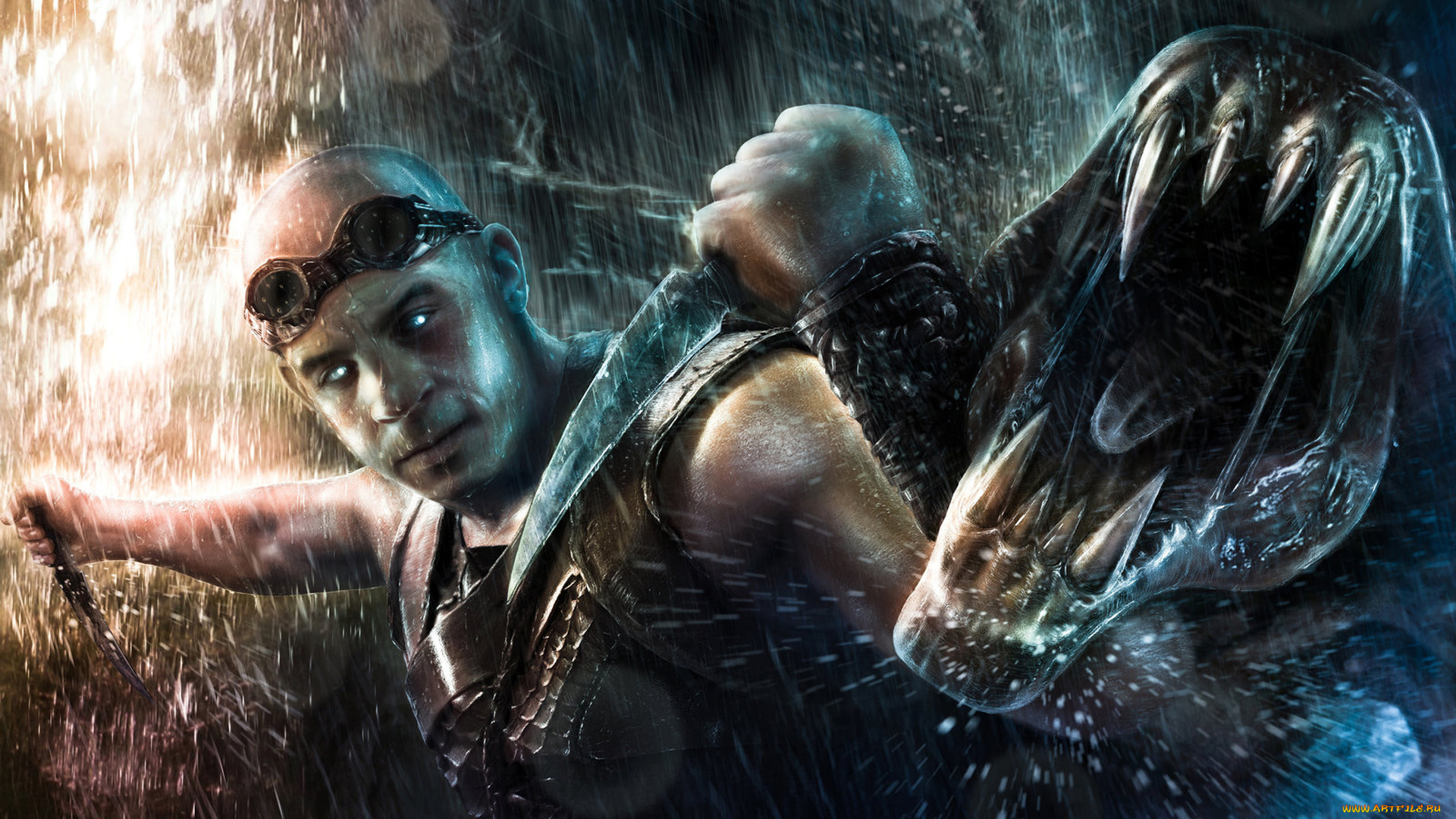 riddick, 2013, рисованные, кино, схватка, монстр, нож, дождь