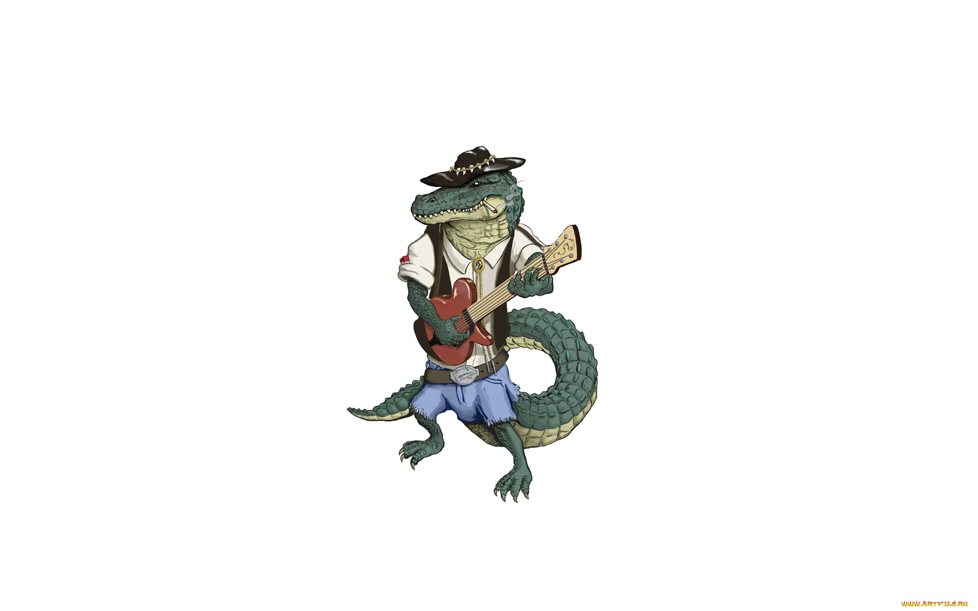 крокодил, с, гитарой, рисованные, минимализм, крокодил, китара, шляпа