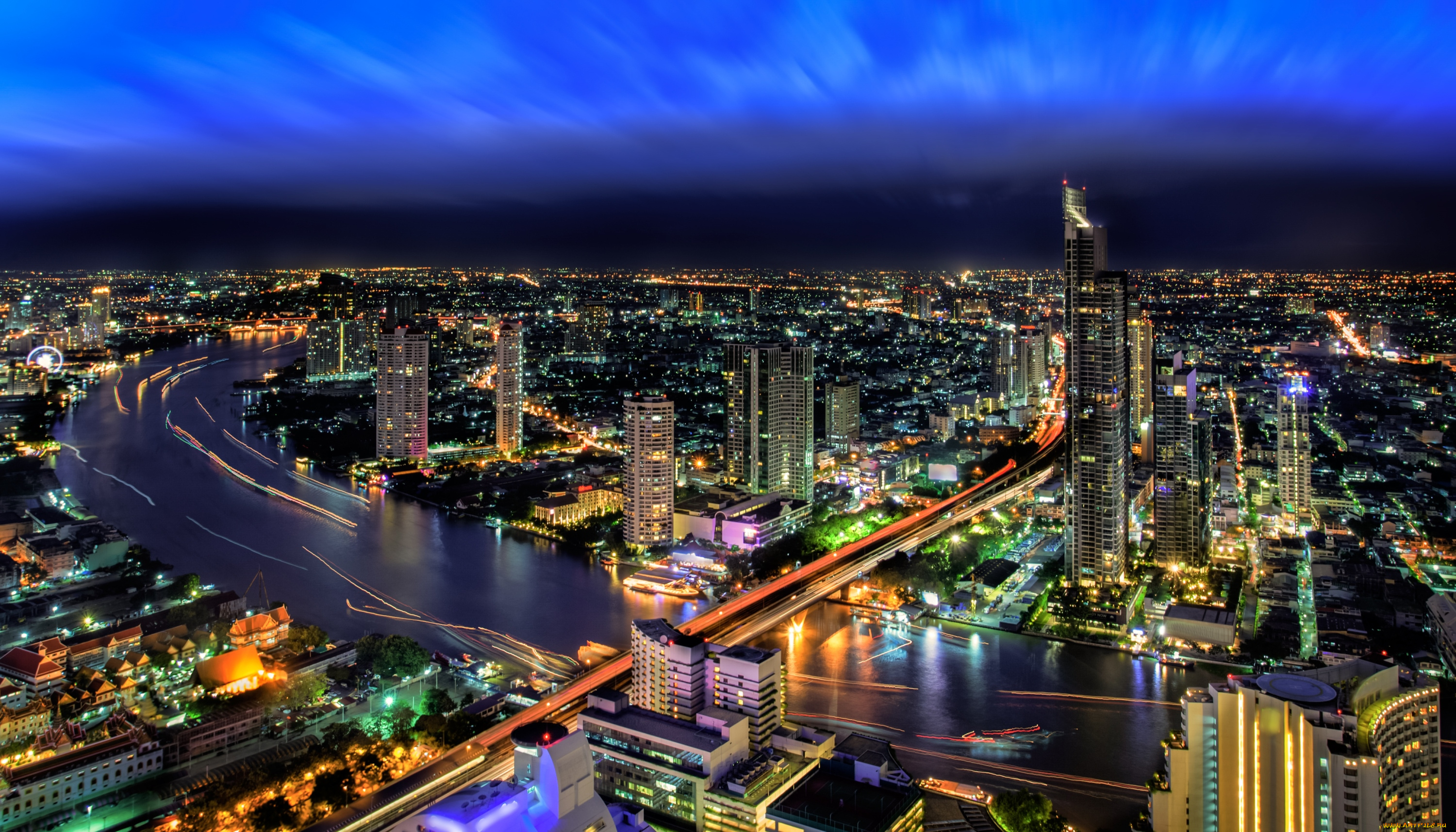 города, бангкок, , таиланд, ночь, панорама, огни