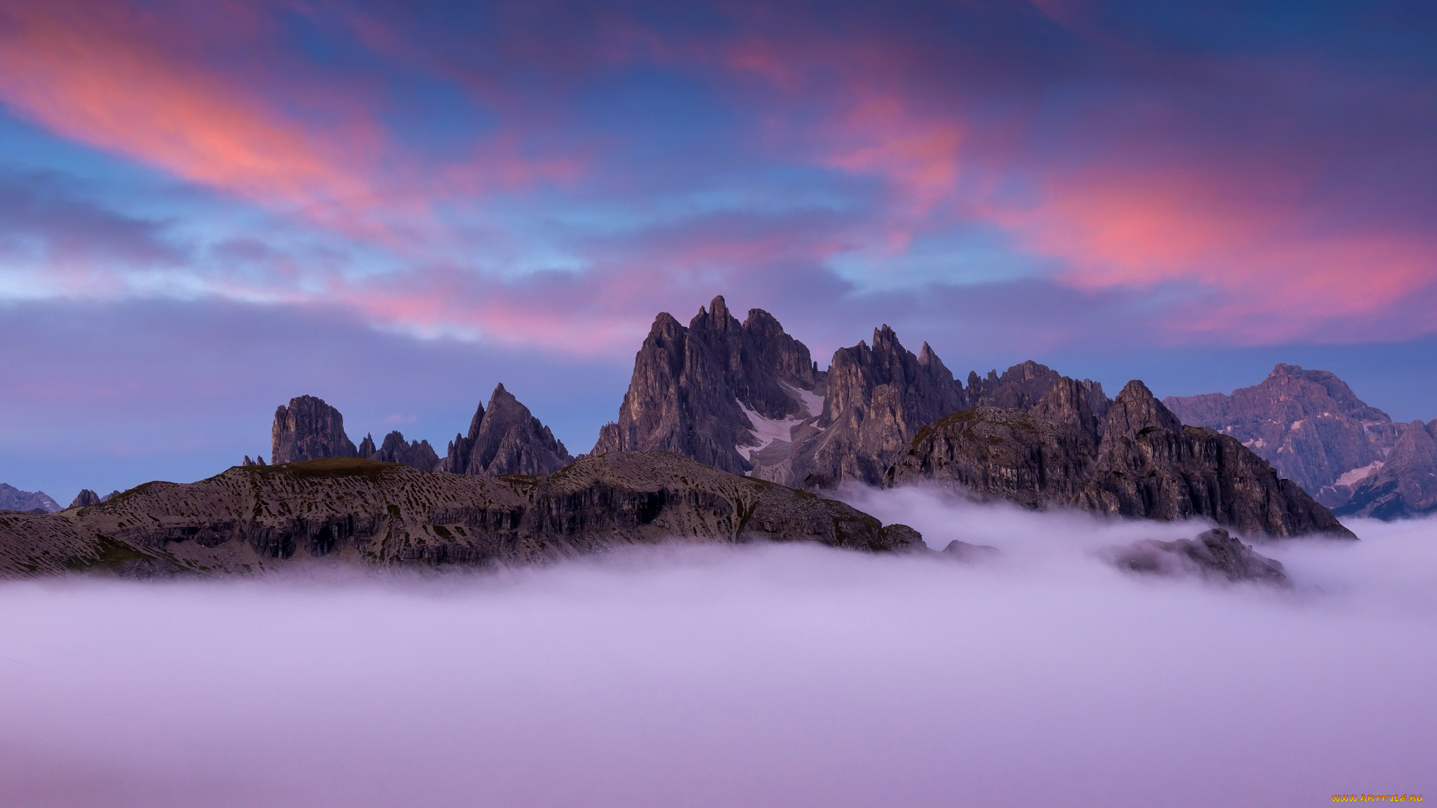 природа, горы, пики, скалы, доломитовые, альпы, туман, облака, италия