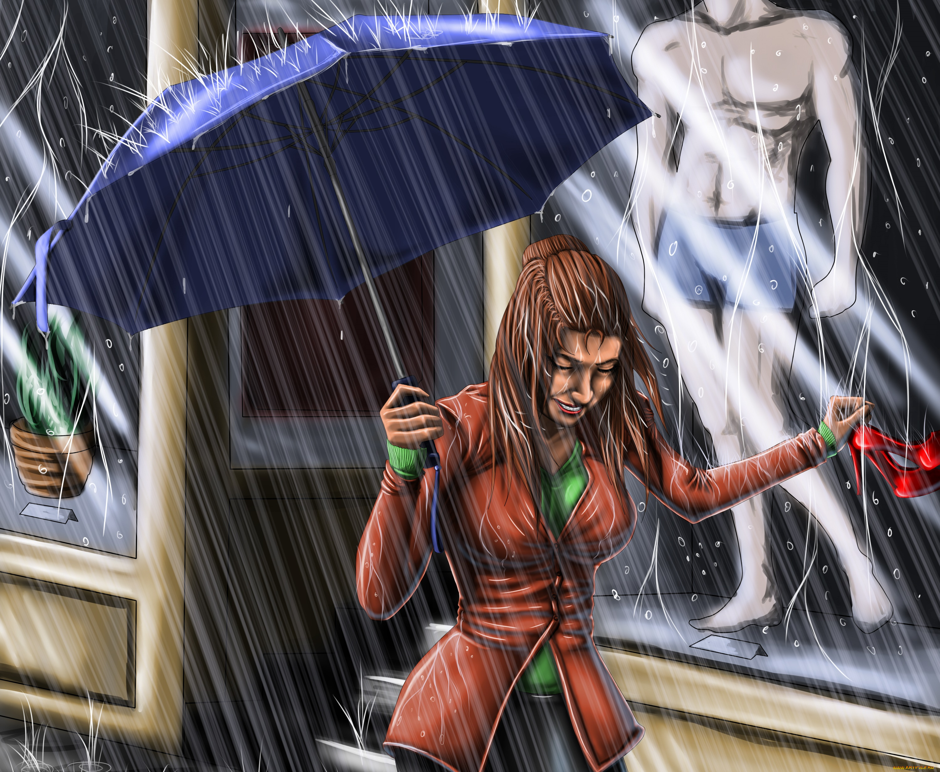 рисованное, люди, дождь, зонтик, фон, взгляд, девушка