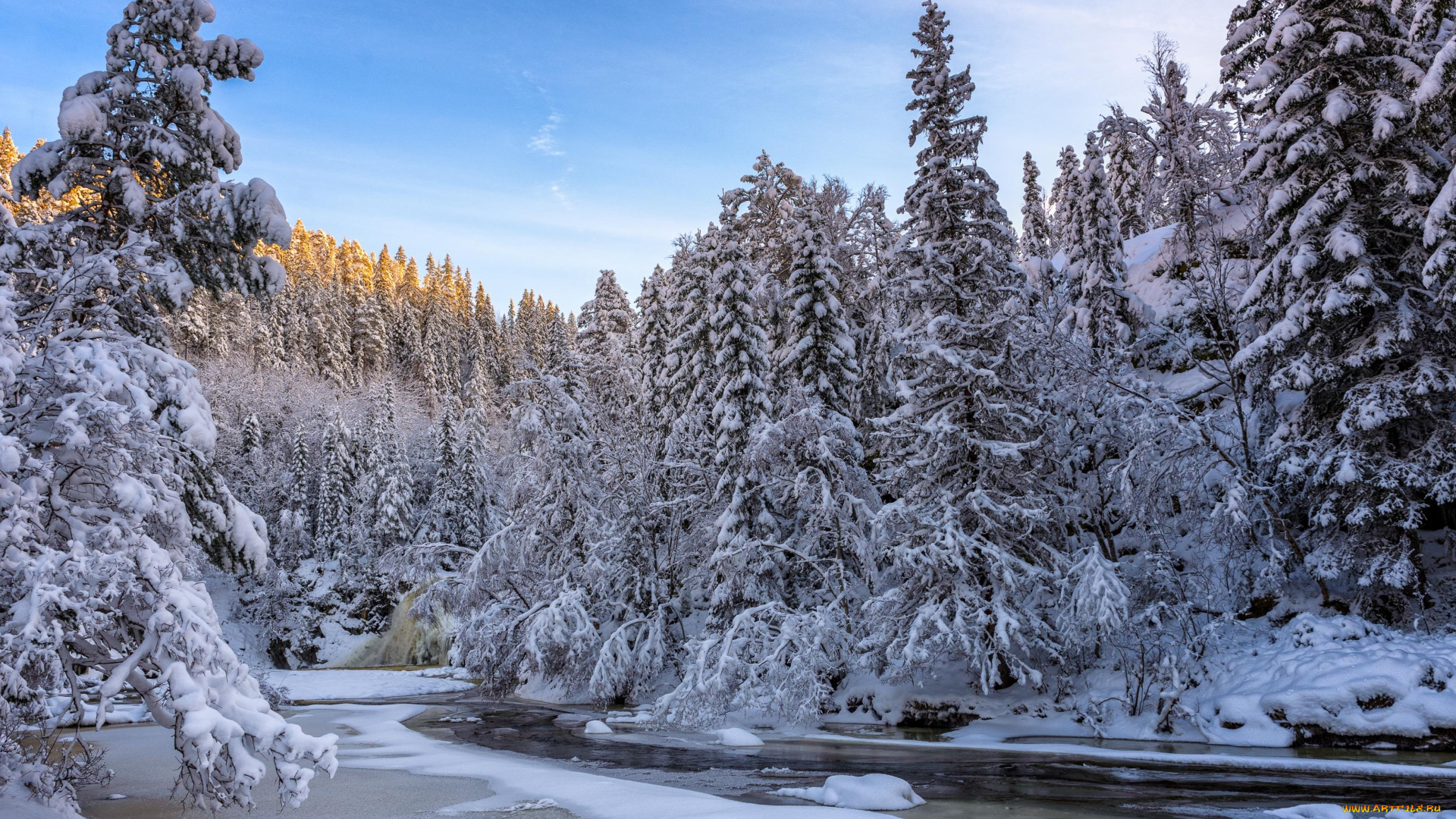 природа, реки, озера, норвегия, деревья, снег, зима, речка