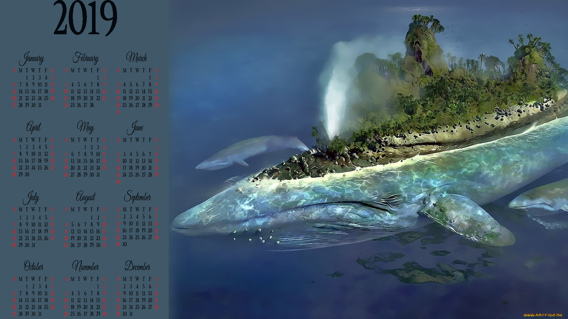 календари, фэнтези, растения, кит, водоем