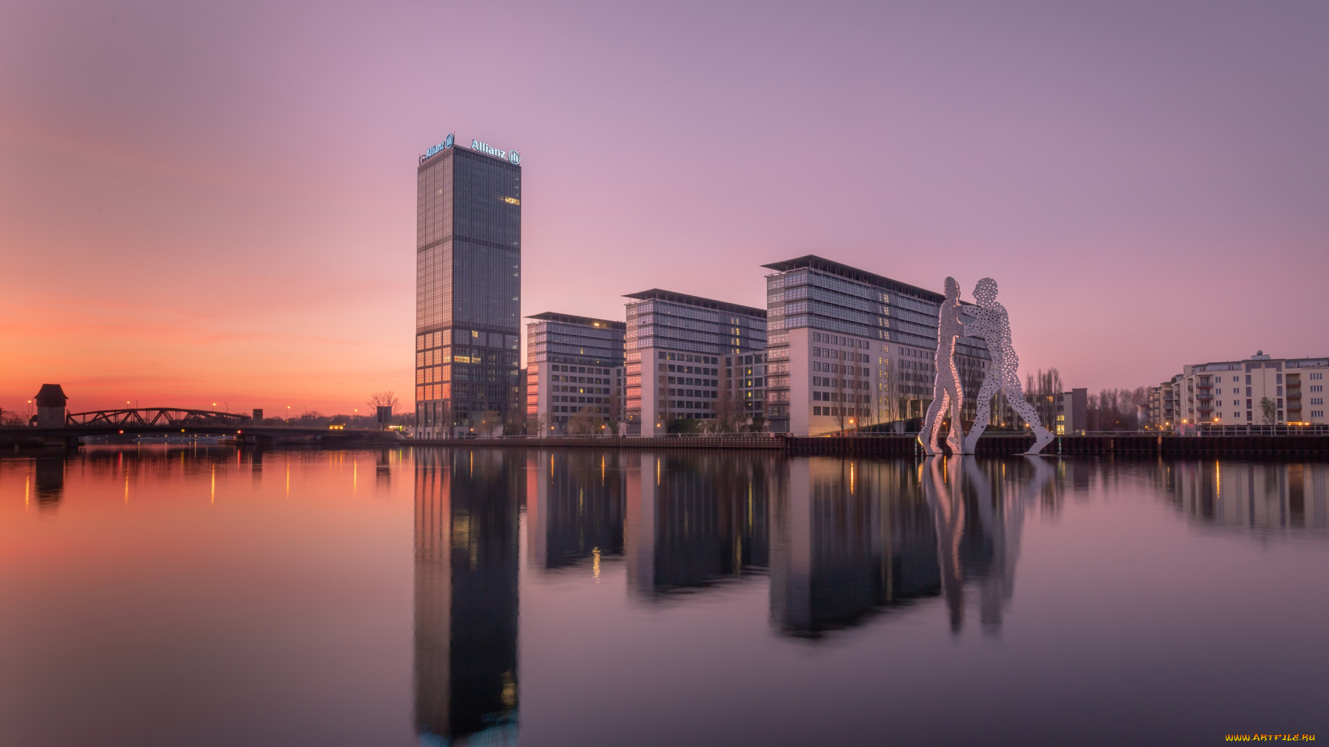 berlin, , germany, города, берлин, , германия, закат, вечер, spree, river, alt-treptow, allianz, tower, treptowers, берлин, современные, здания, cityscape