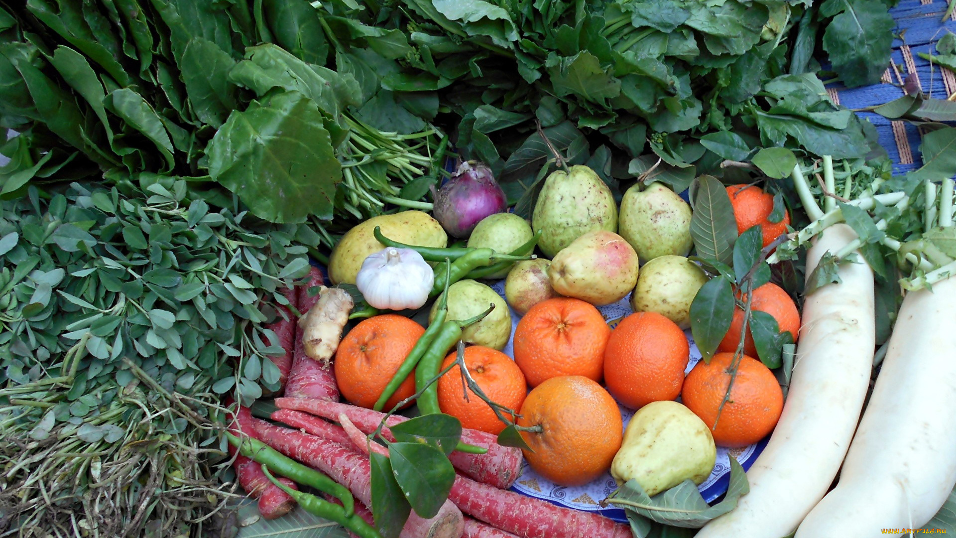 еда, фрукты, и, овощи, вместе, груши, дайкон, мандарины