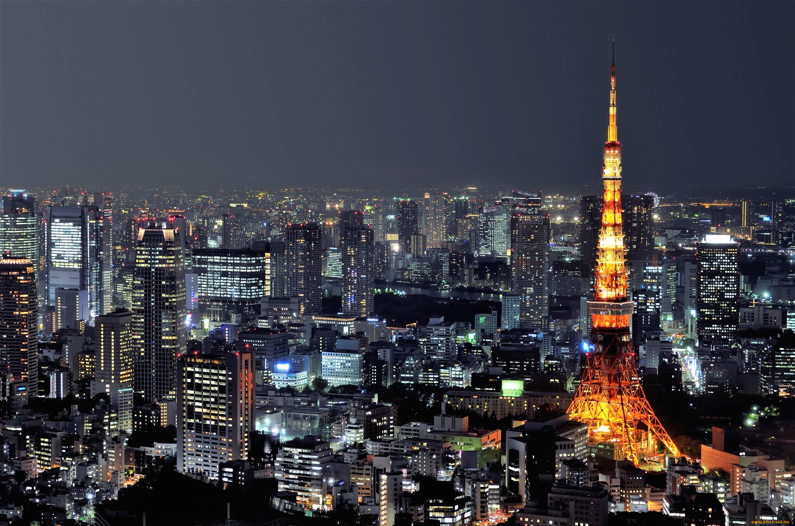 города, токио, , япония, телебашня, панорама, огни