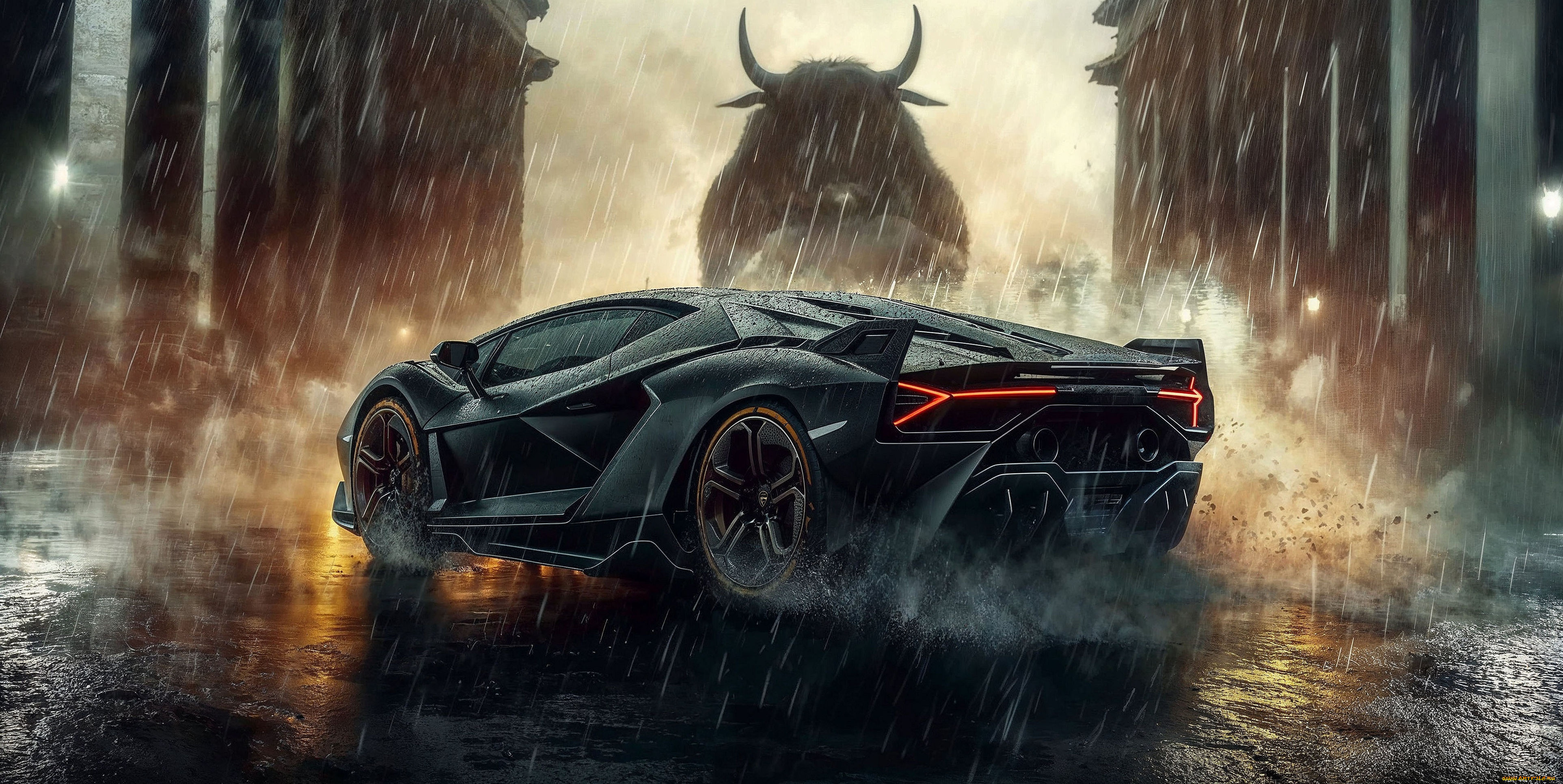 автомобили, 3д, черный, lamborghini, дождь, бык, арт, bull, revuelto