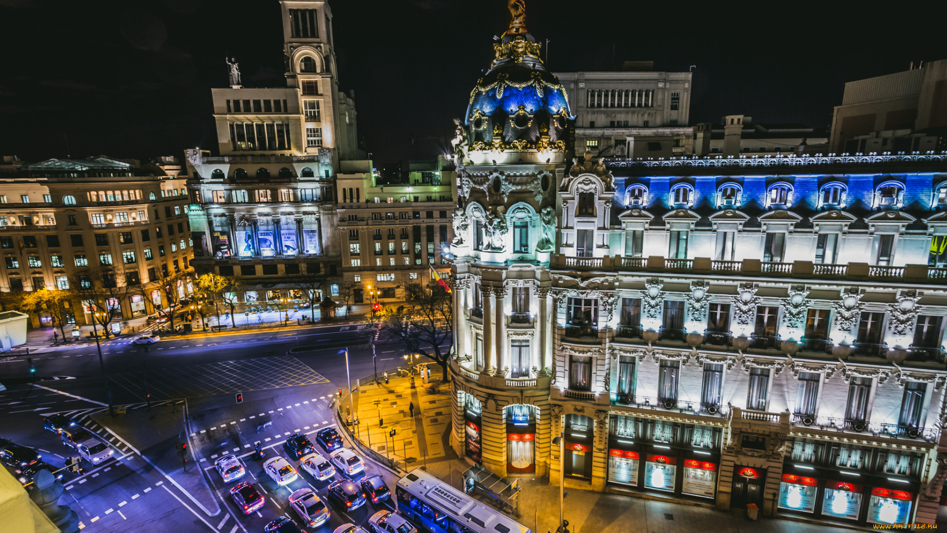 metropolis, building, -, madrid, , spain, города, мадрид, , испания, здания, испание, spain, мадрид, madrid, ночной, город, metropolis, building, машины, авто, перекрёсток, дорога