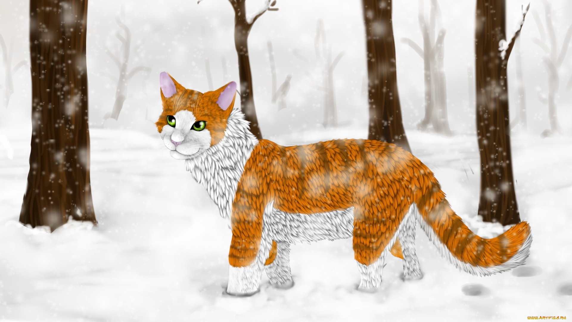 рисованное, животные, , коты, кот, лес, снег