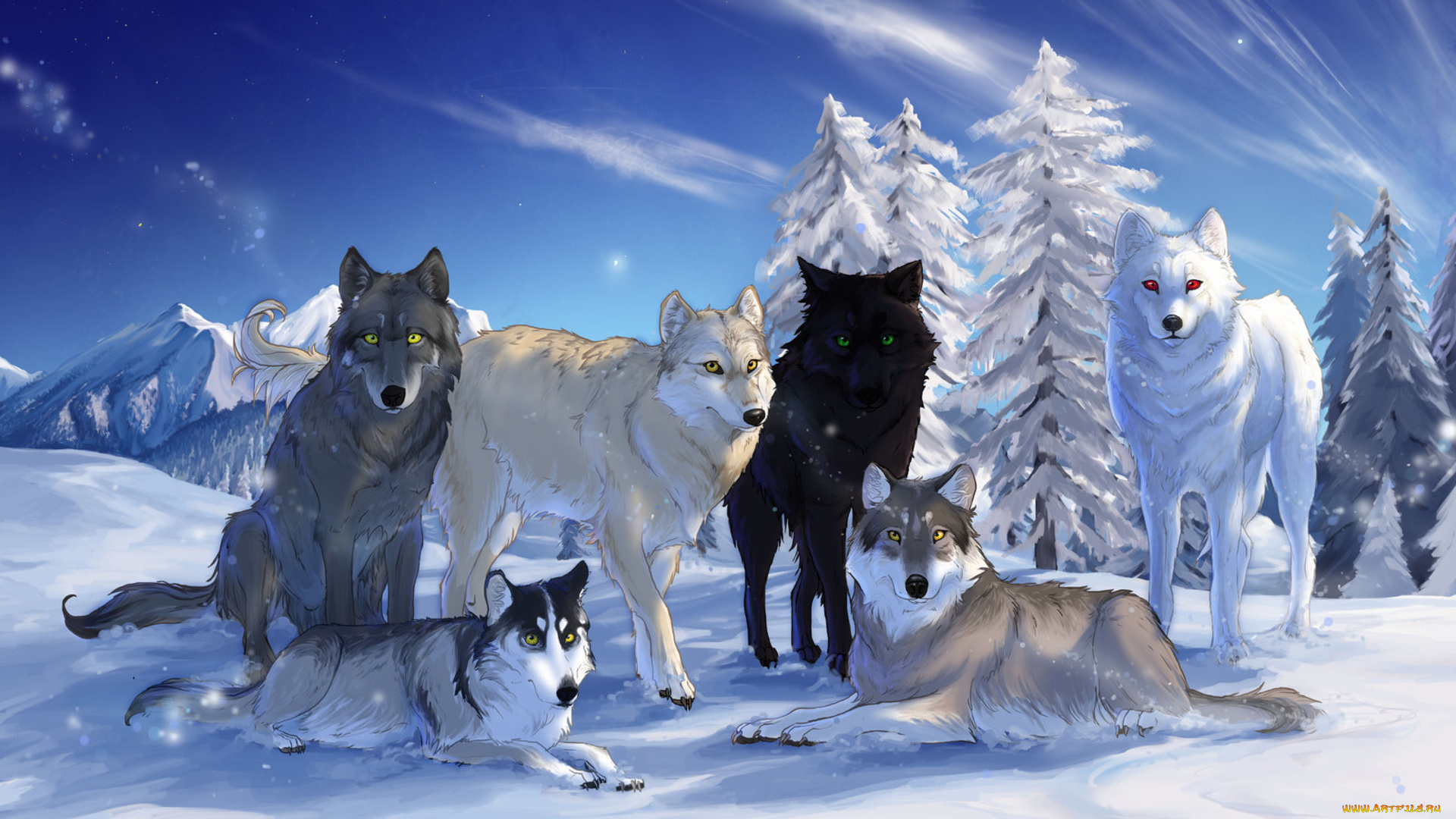 рисованное, животные, , волки, деревья, горы, волки, снег, природа, небо, зима