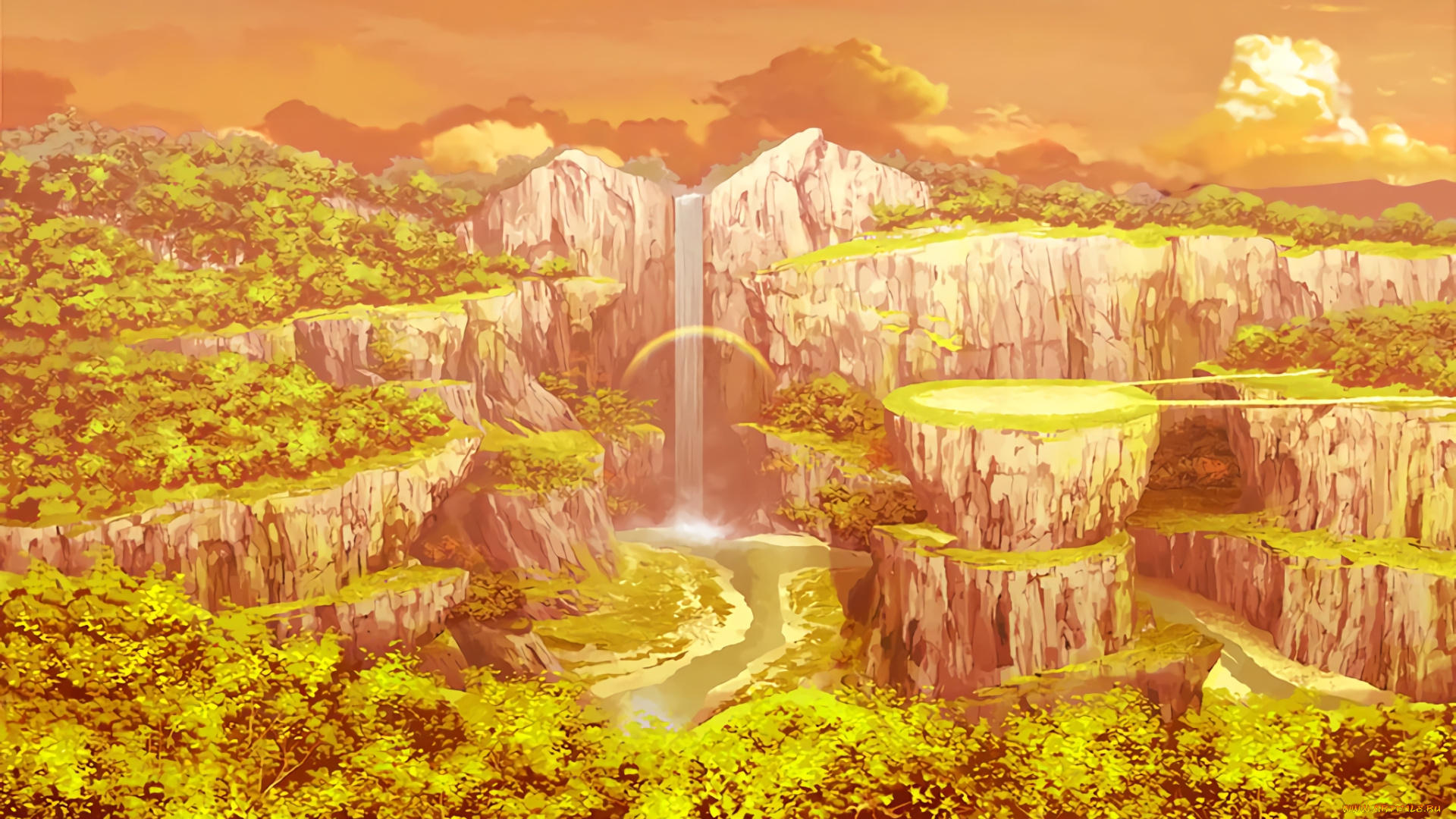 аниме, sword, art, online, водопад, горы