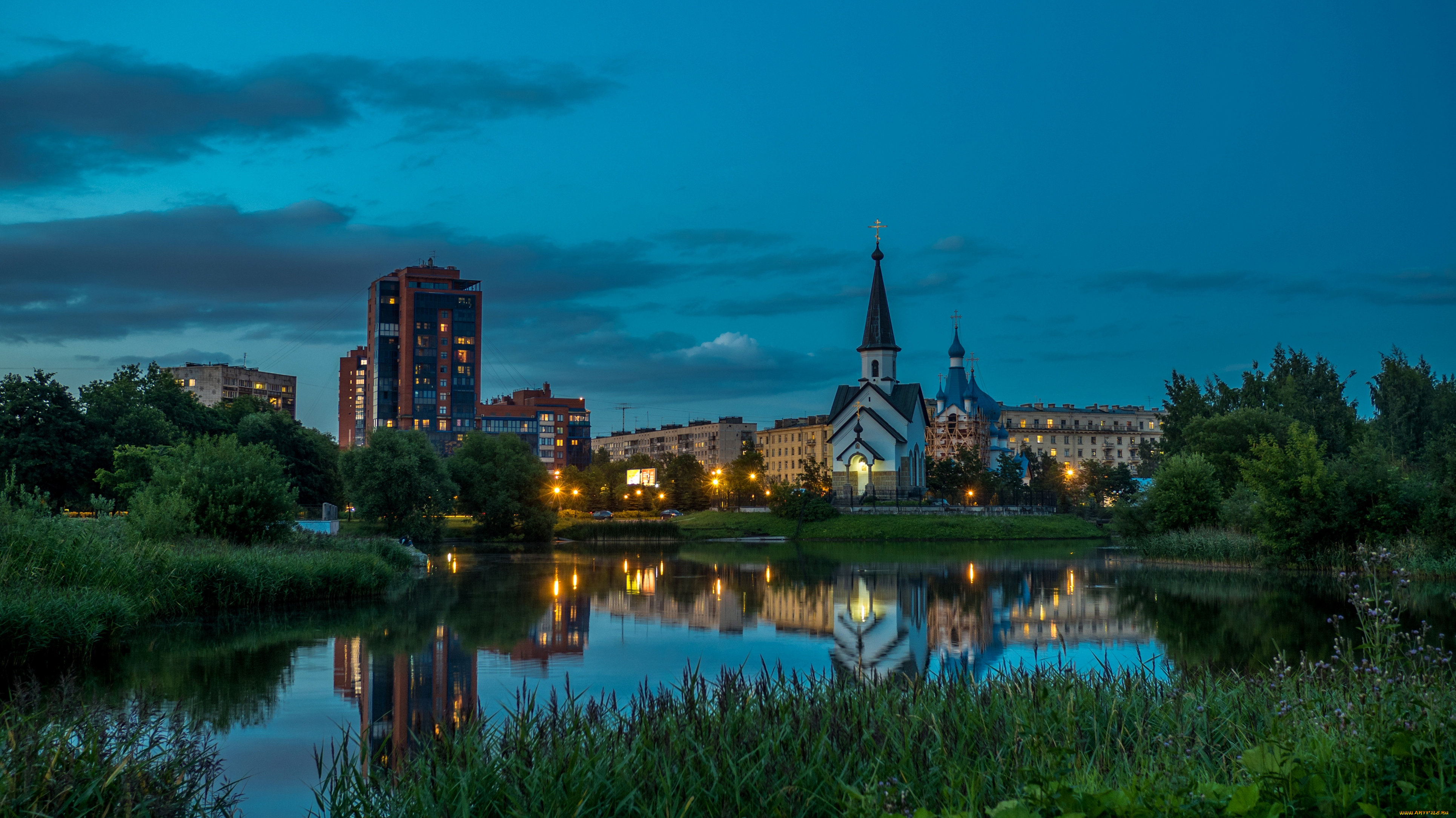 санкт, петербург, россия, города, -, православные, церкви, , монастыри, россия, вечер, пруд, церковь, санкт, петербург, здание, огни