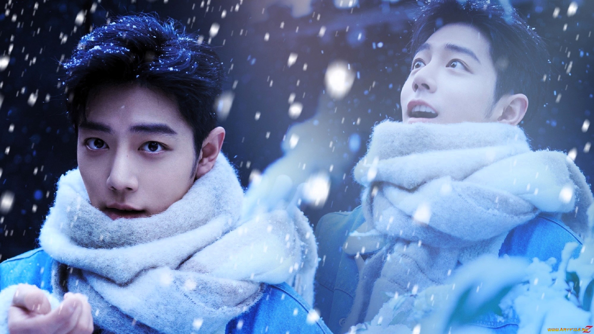 мужчины, xiao, zhan, актер, шарф, куртка, снег, лицо