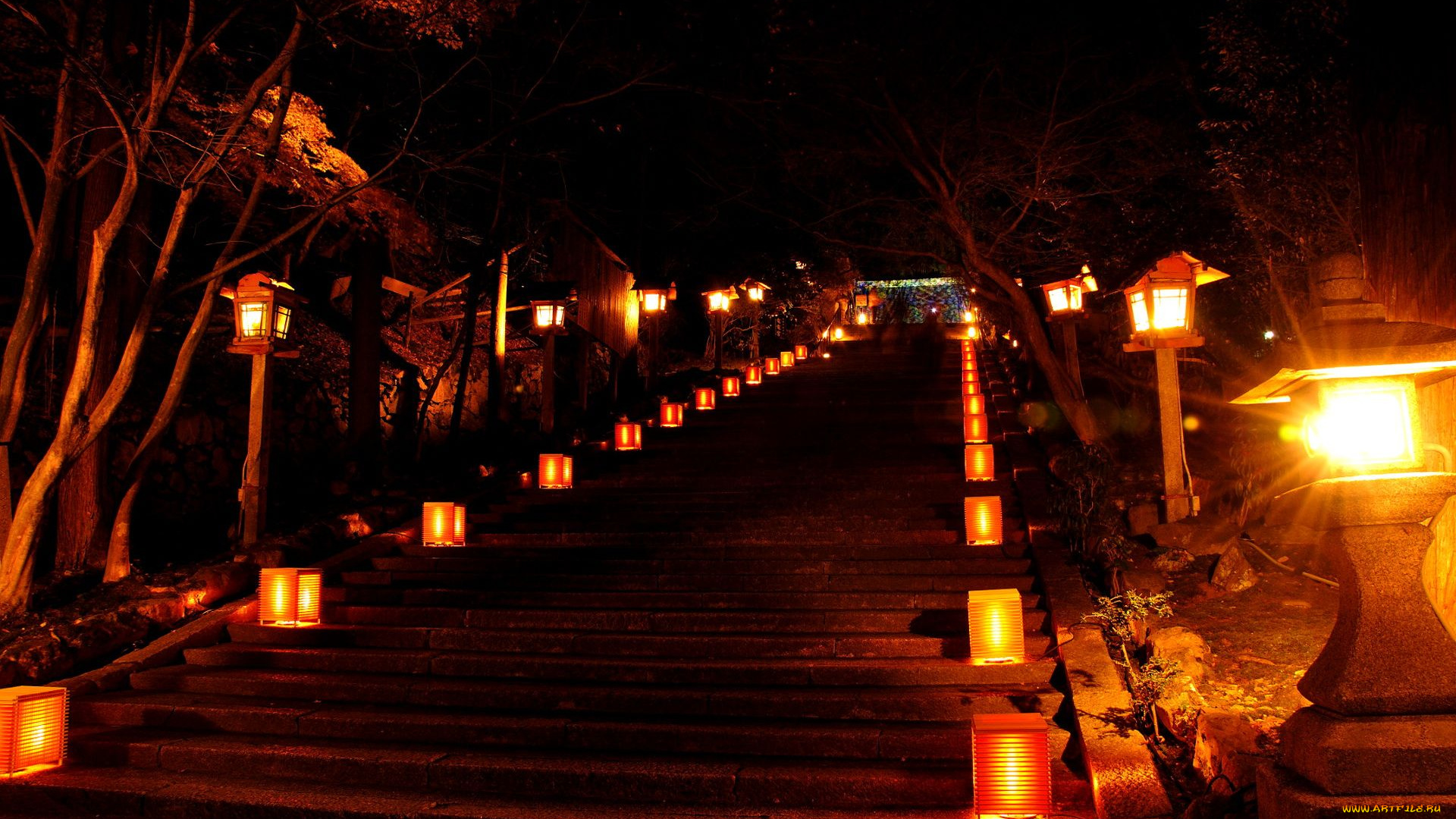 города, огни, ночного, kyoto, japan