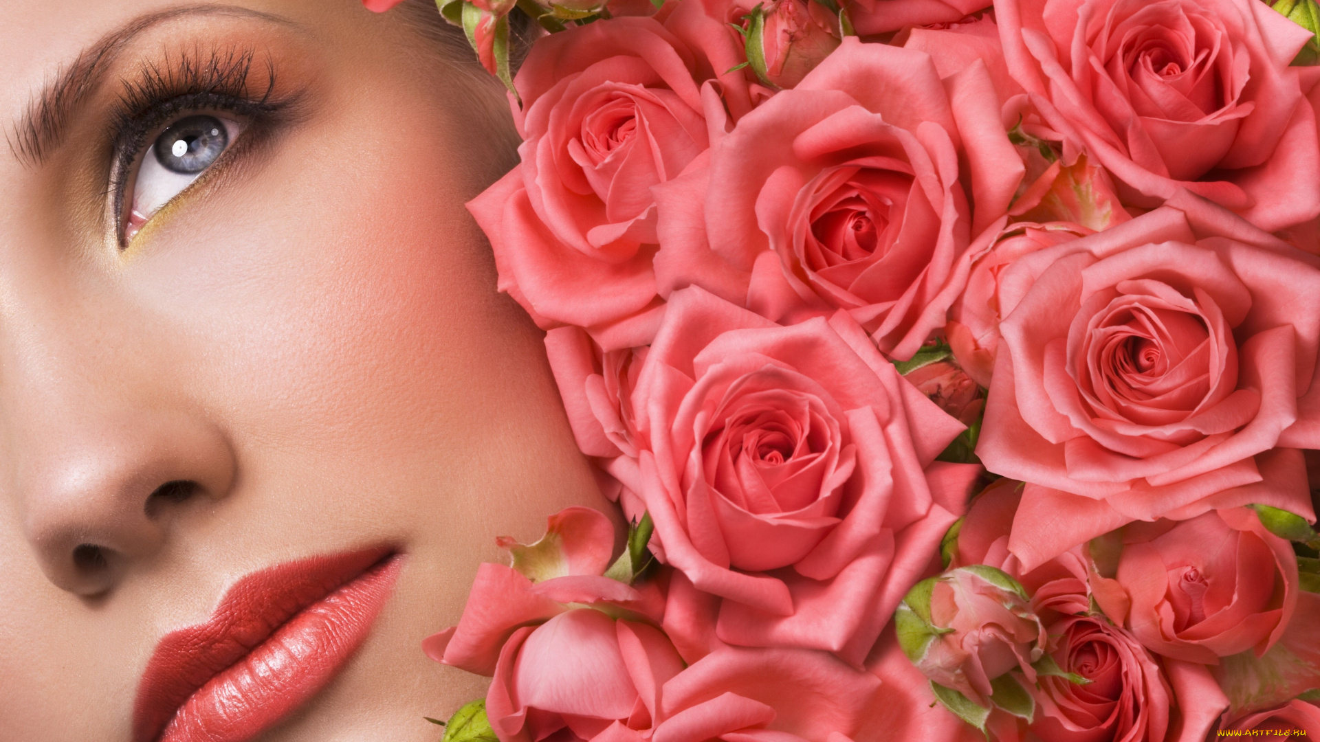 цветы, розы, девушка, бутоны, лицо, макияж