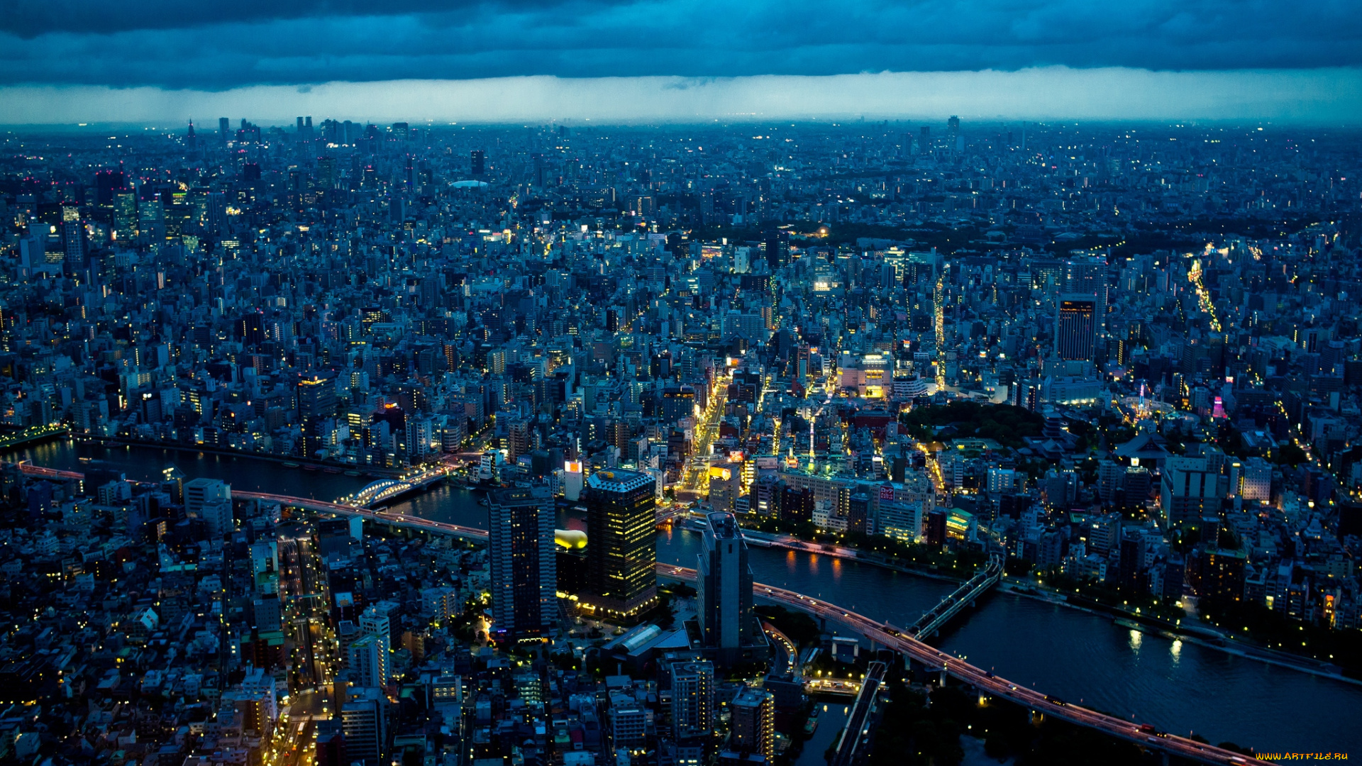 города, токио, Япония, ночь, панорама