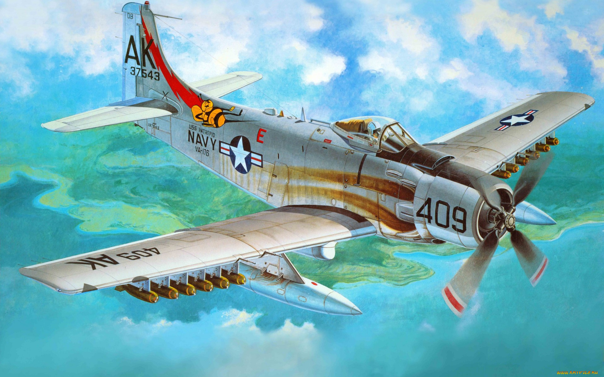 douglas, 1h, skyraider, авиация, 3д, рисованые, graphic, поршневой, штурмовик, американский