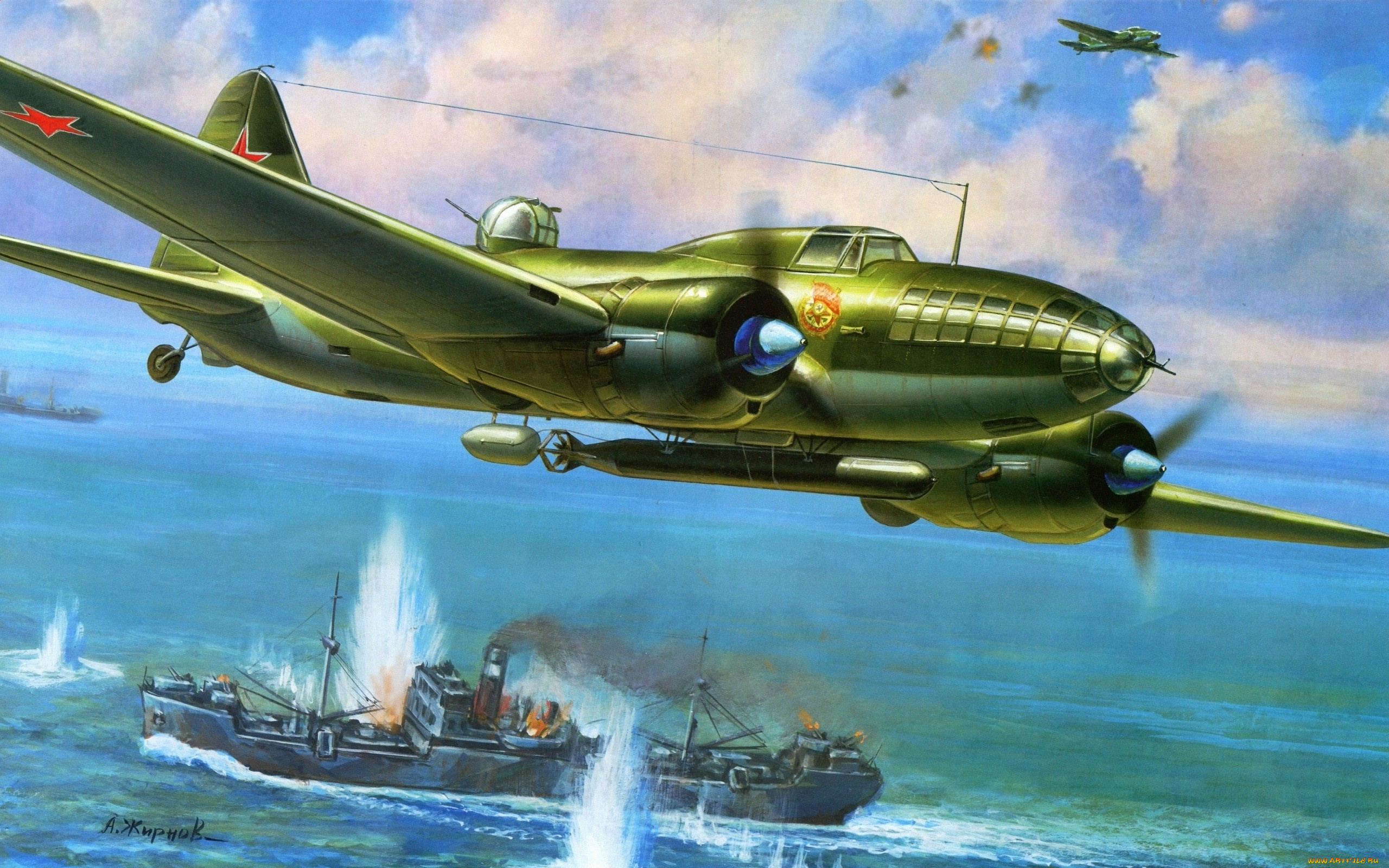 авиация, 3д, рисованые, graphic, бомбардировщик, торпедоносец, корабль, сражение, море