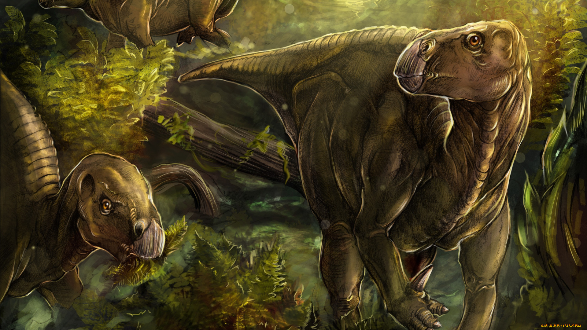 рисованное, животные, , доисторические, динозавры, лес, игуанодон, iguanodon