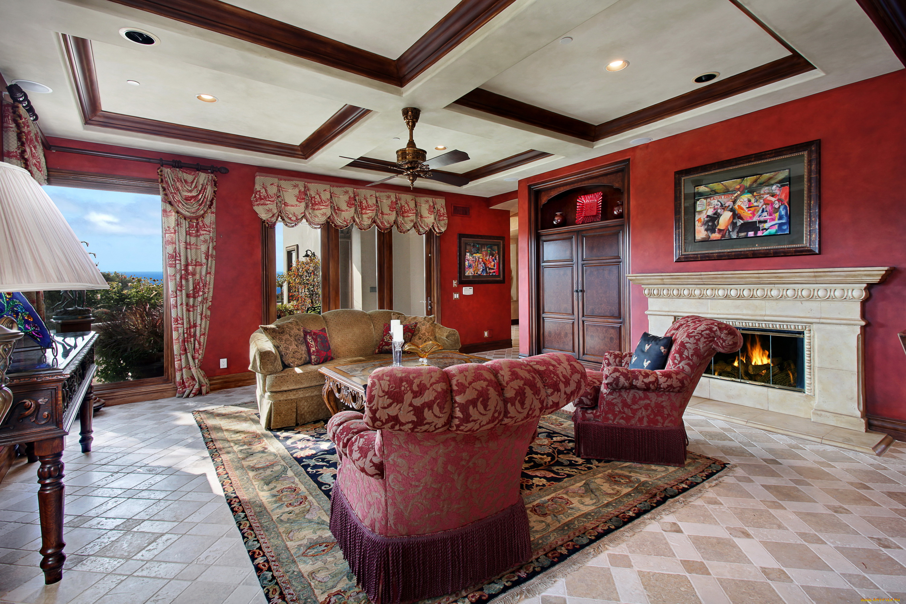 интерьер, гостиная, дизайн, диван, кресло, ковер, камин