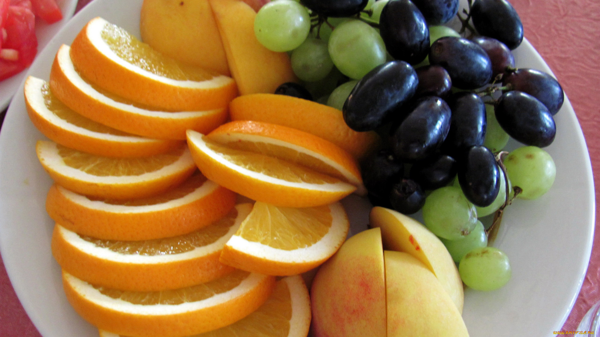 еда, фрукты, , ягоды, апельсины, виноград, персики