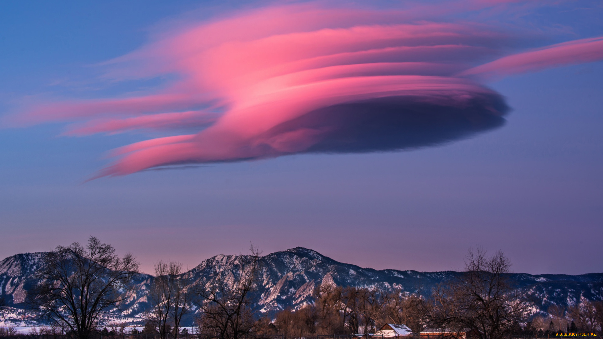 природа, пейзажи, snow, farm, lenticular, cloud, dusk, sunset, twilight, mountains, field, farmland, countryside, winter