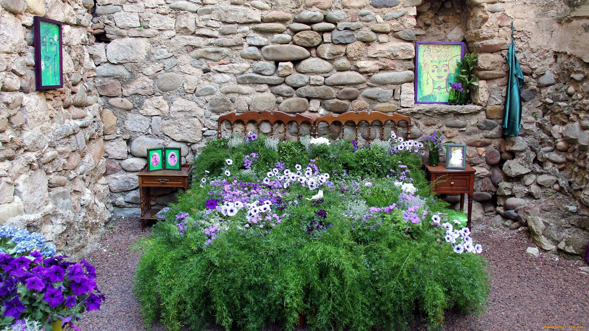 цветы, петунии, , калибрахоа, кровать, трава, клумба