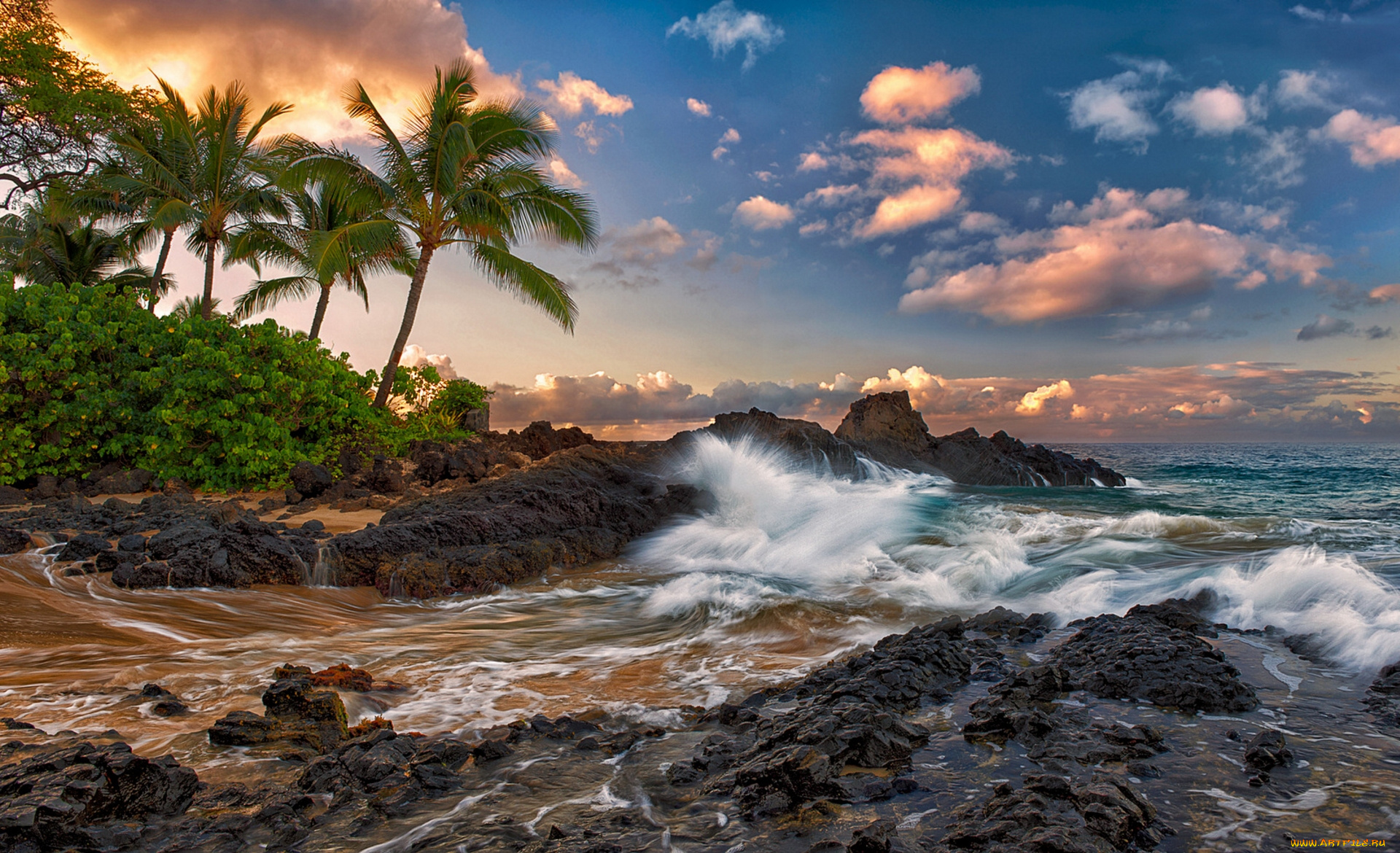 maui, hawaii, природа, тропики, мауи, гавайи, тихий, океан, скалы, прибой, камни, пальмы, облака