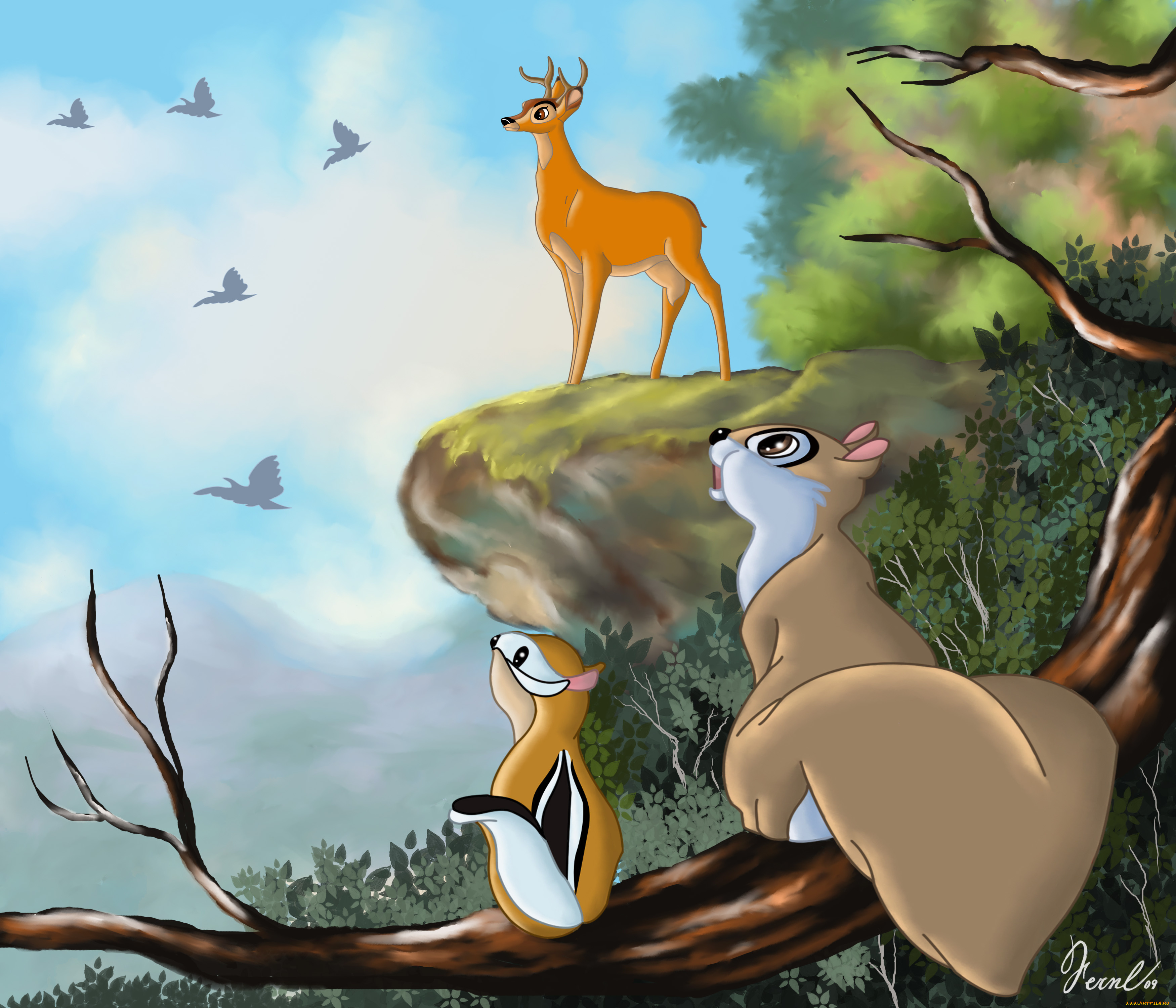 мультфильмы, bambi, олень, белка