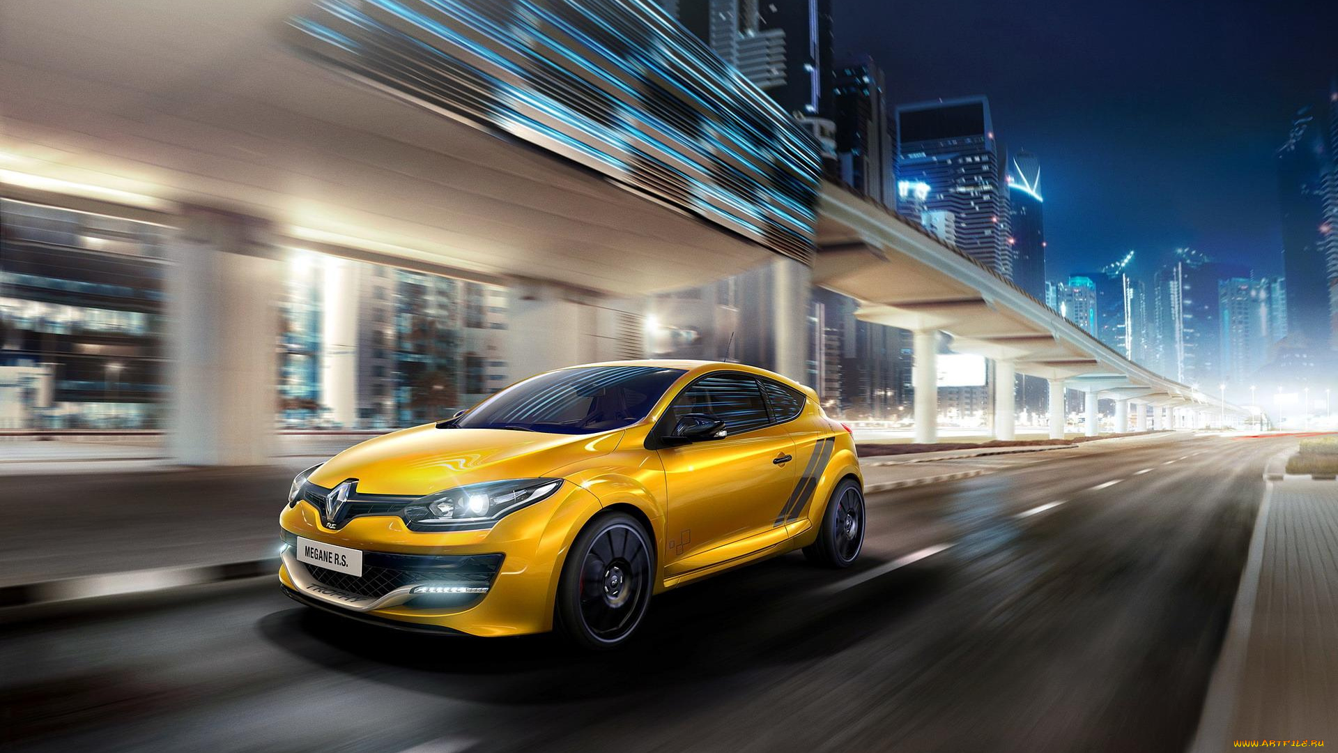 автомобили, renault, витрины, город, улица, желтый, скорость, rs, megane, рено, огни, здания, дома