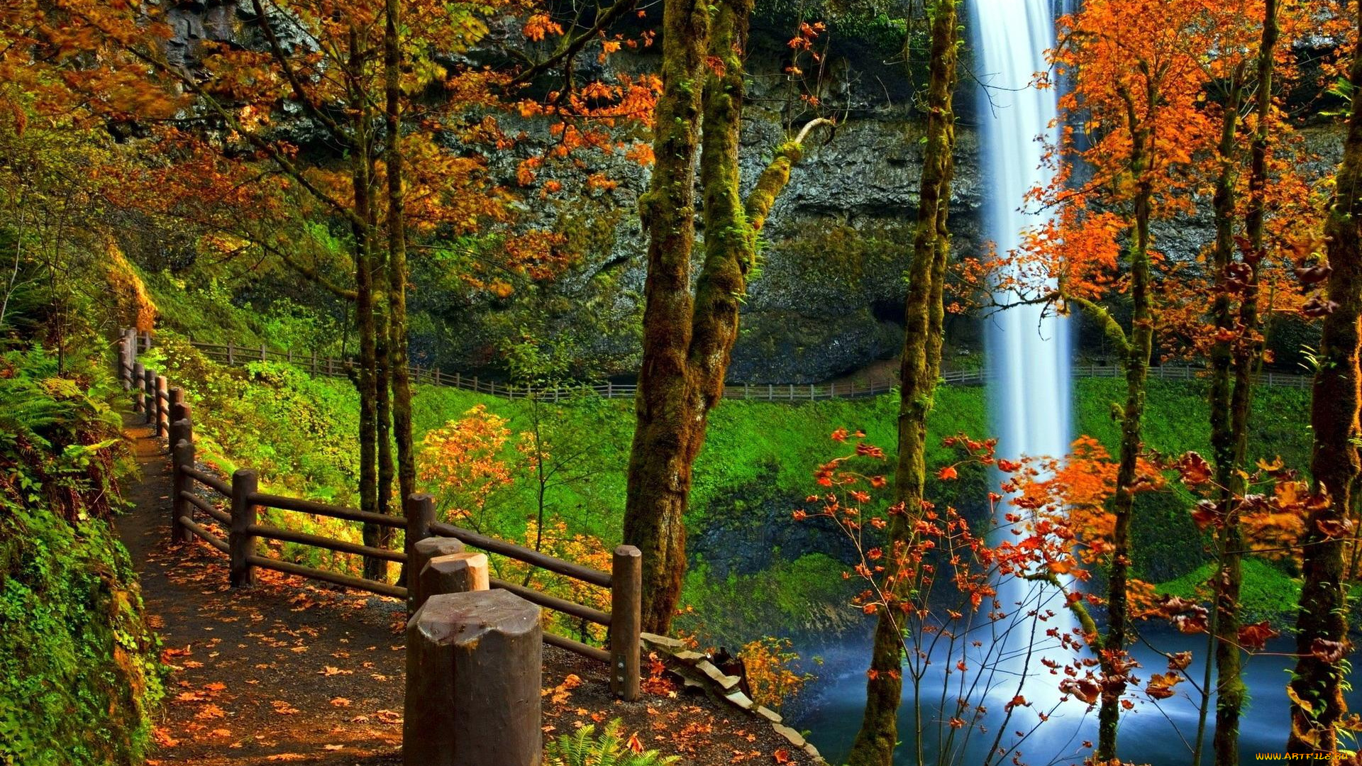 природа, водопады, дорожка, скала, водопад, осень, деревья, парк