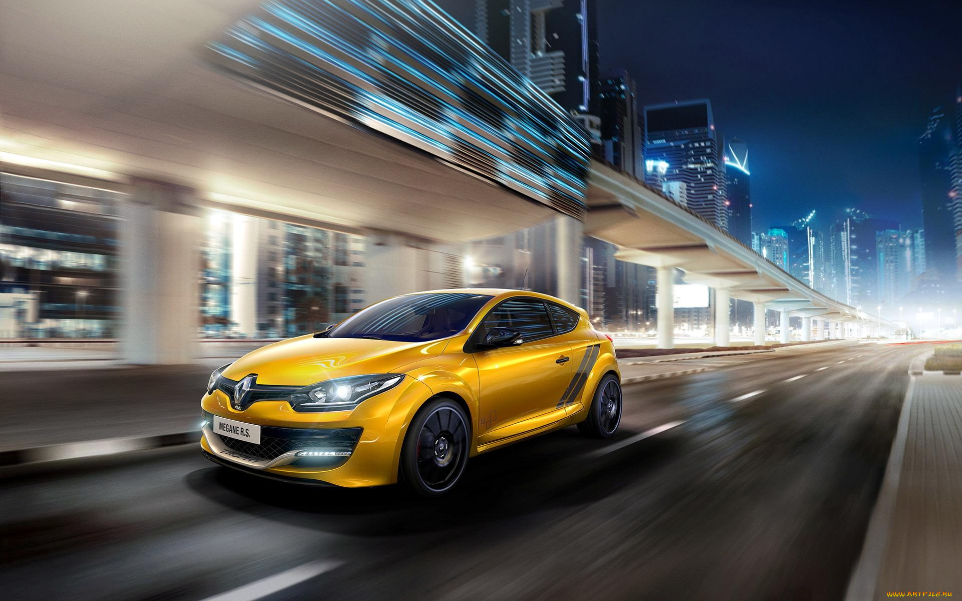 автомобили, renault, витрины, город, улица, желтый, скорость, rs, megane, рено, огни, здания, дома