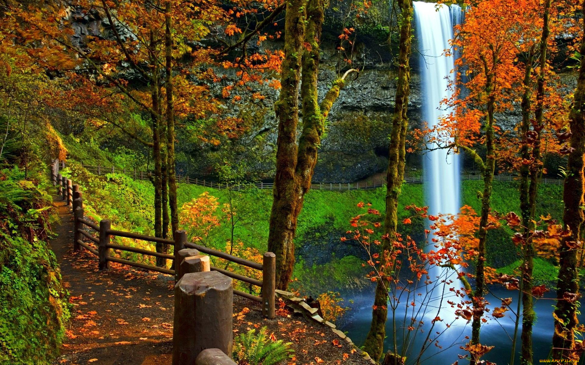 природа, водопады, дорожка, скала, водопад, осень, деревья, парк